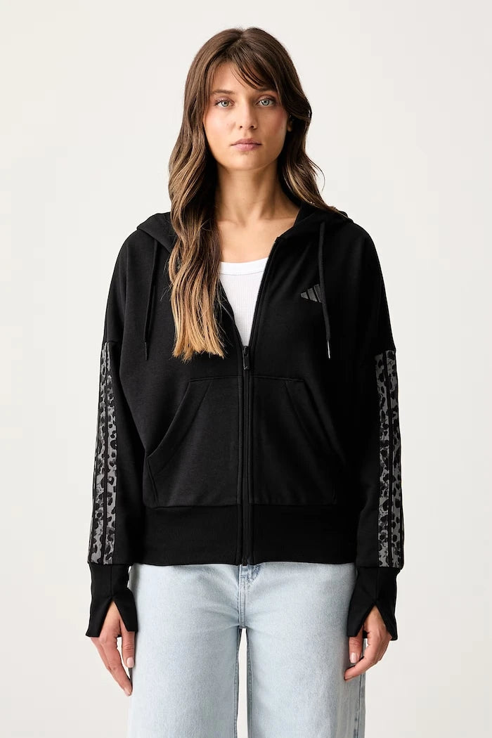 adidas kapüşonlu, fermuarlı kadın pamuklu sweatshirt Leopard Pack