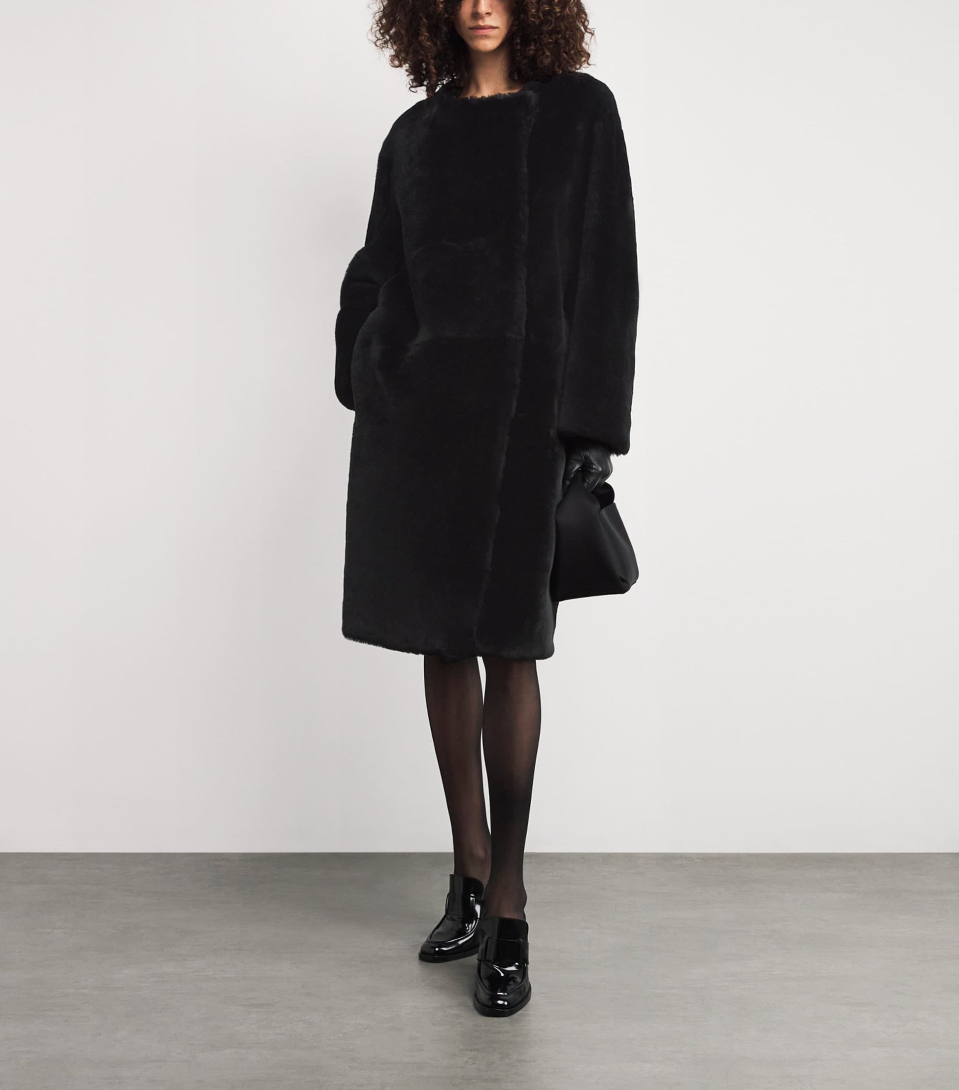 Toteme Black Shearling Collarless Coat