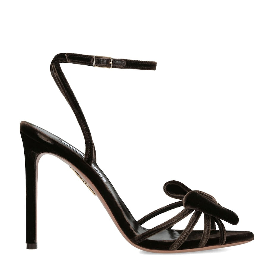 Brown Velvet Bow Tie Heeled Sandals 105