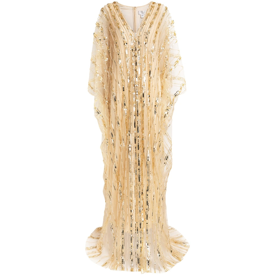 Pamella Roland Gold Tulle Embellished Kaftan Maxi Dress