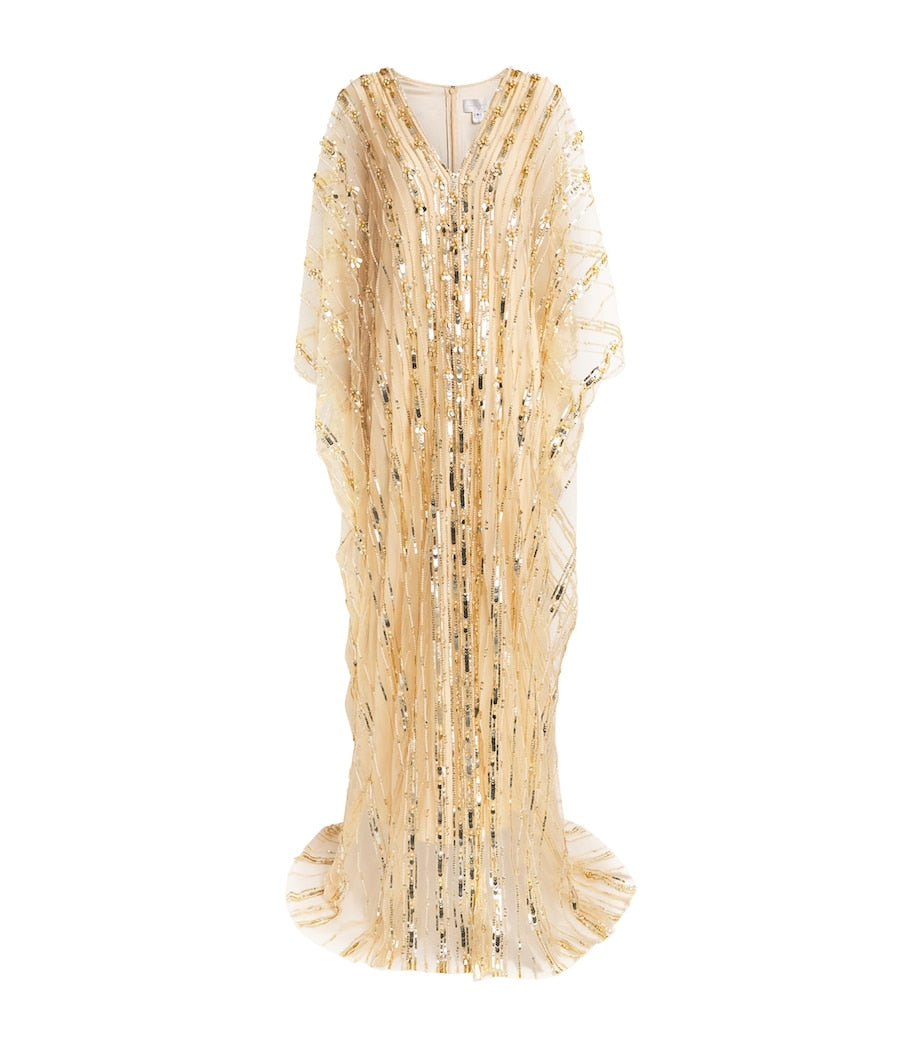 Pamella Roland Gold Tulle Embellished Kaftan Maxi Dress