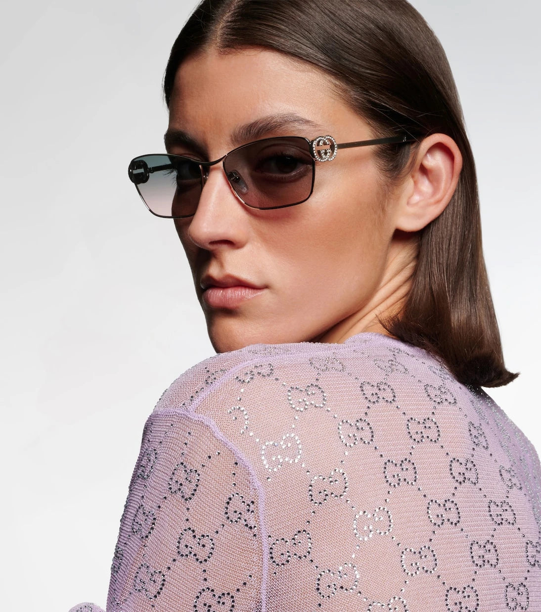 غوتشي - نظارات شمسية مستطيلة مزينة بكريستال Interlocking G