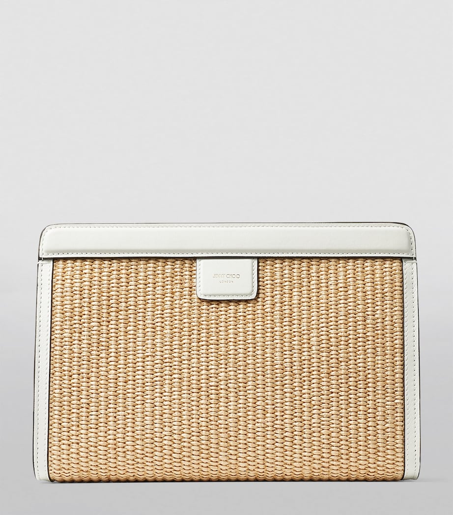 Jimmy Choo White Raffia Leather-Trim Avenue Pouch