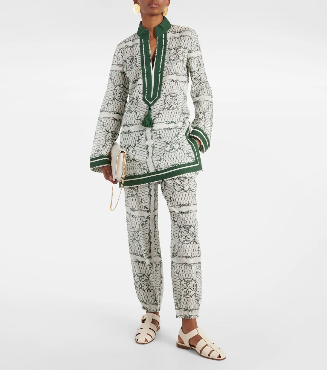 Tory Burch - بنطلون قطني مطبوع بخصر مرتفع وقصّة مدببة