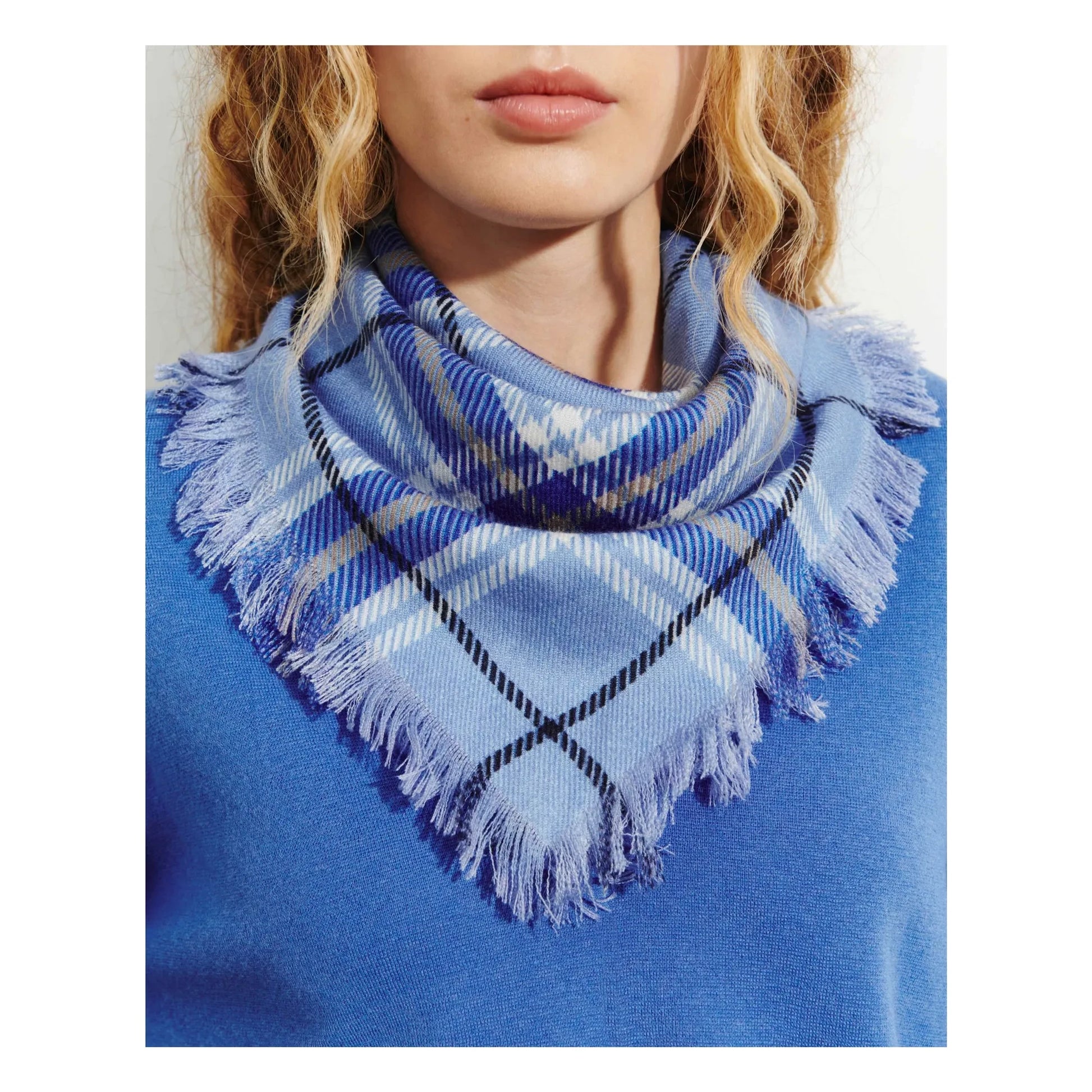 Bompard - Mini Carré Tartan Cashmere Scarf | Blue