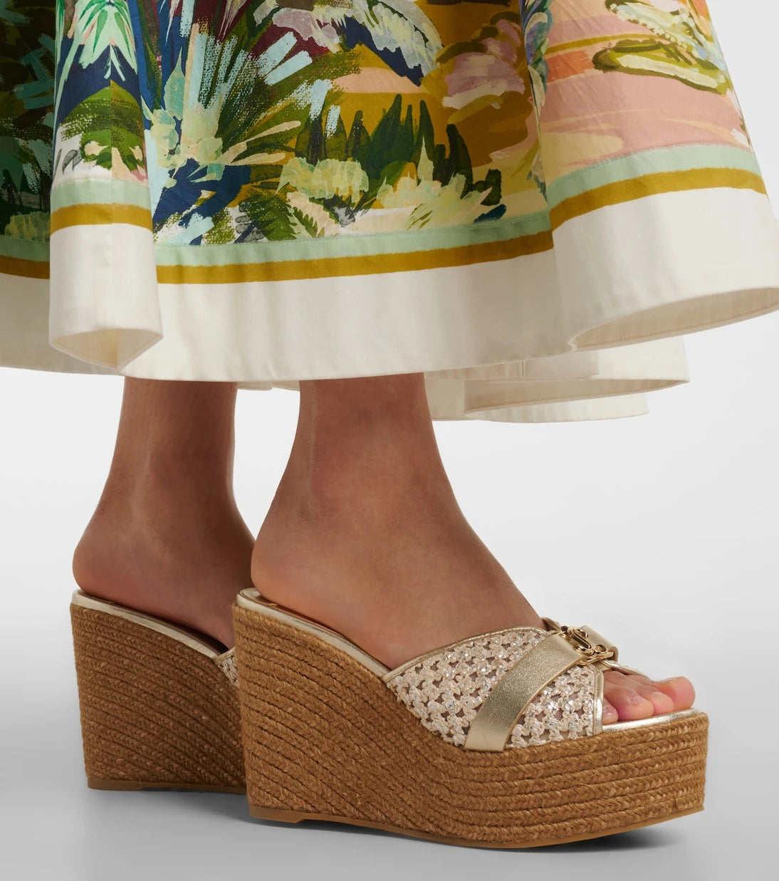 Jimmy Choo - Leda raffia-trimmed leather wedge espadrilles