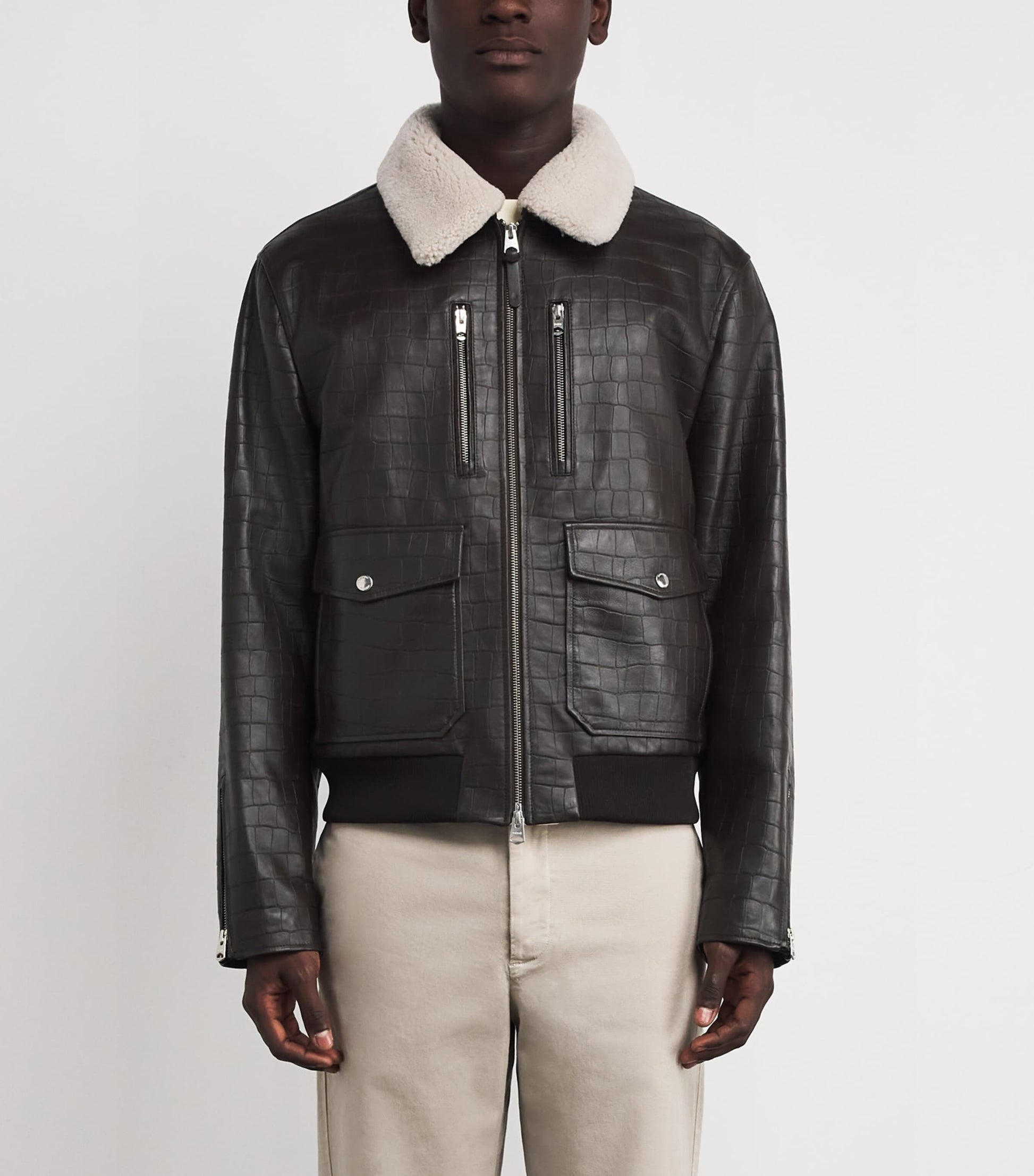 Mackage Brown Embossed-Leather Chance-NV Bomber Jacket