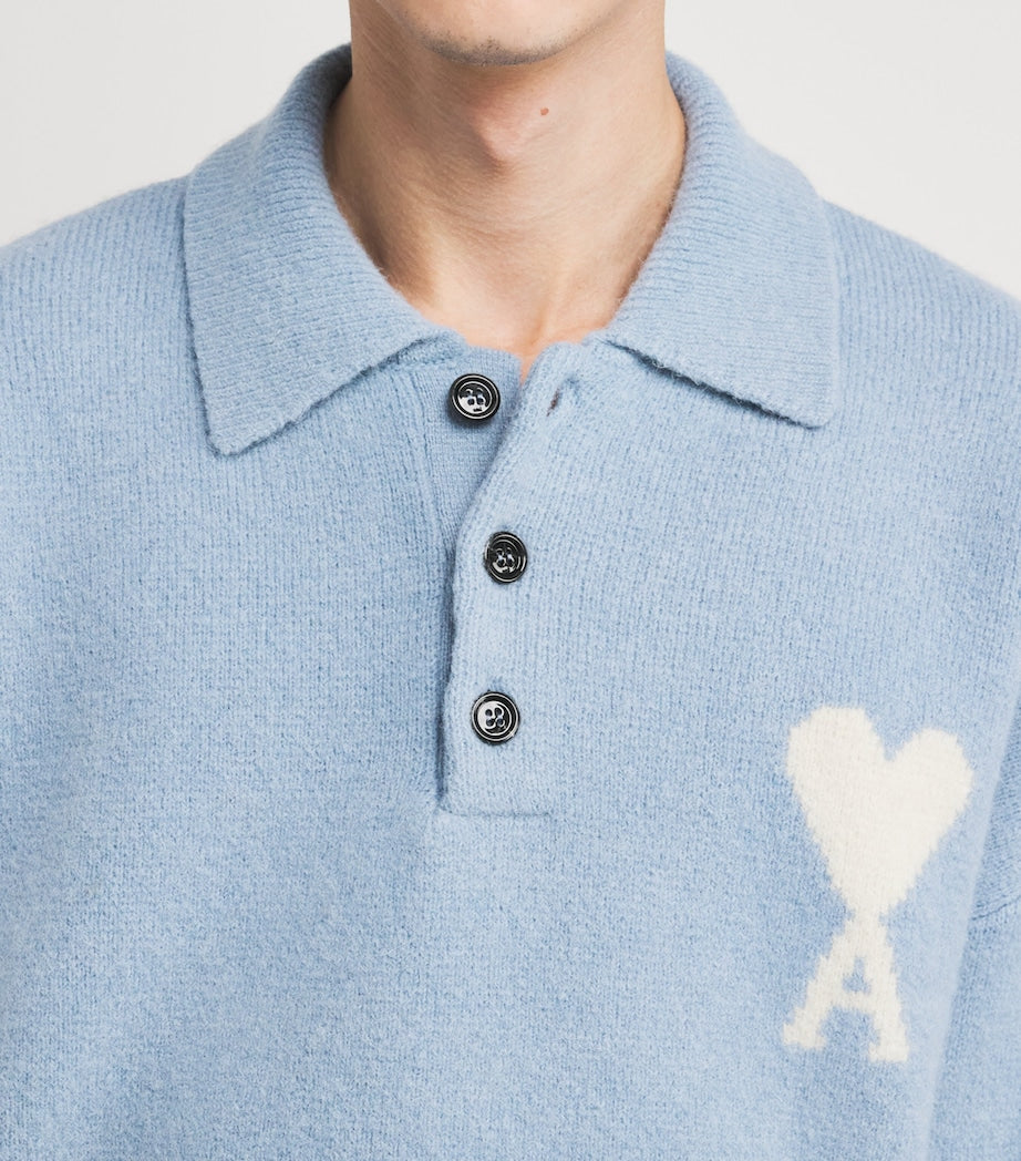 Blue Alpaca-Blend Polo Sweater
