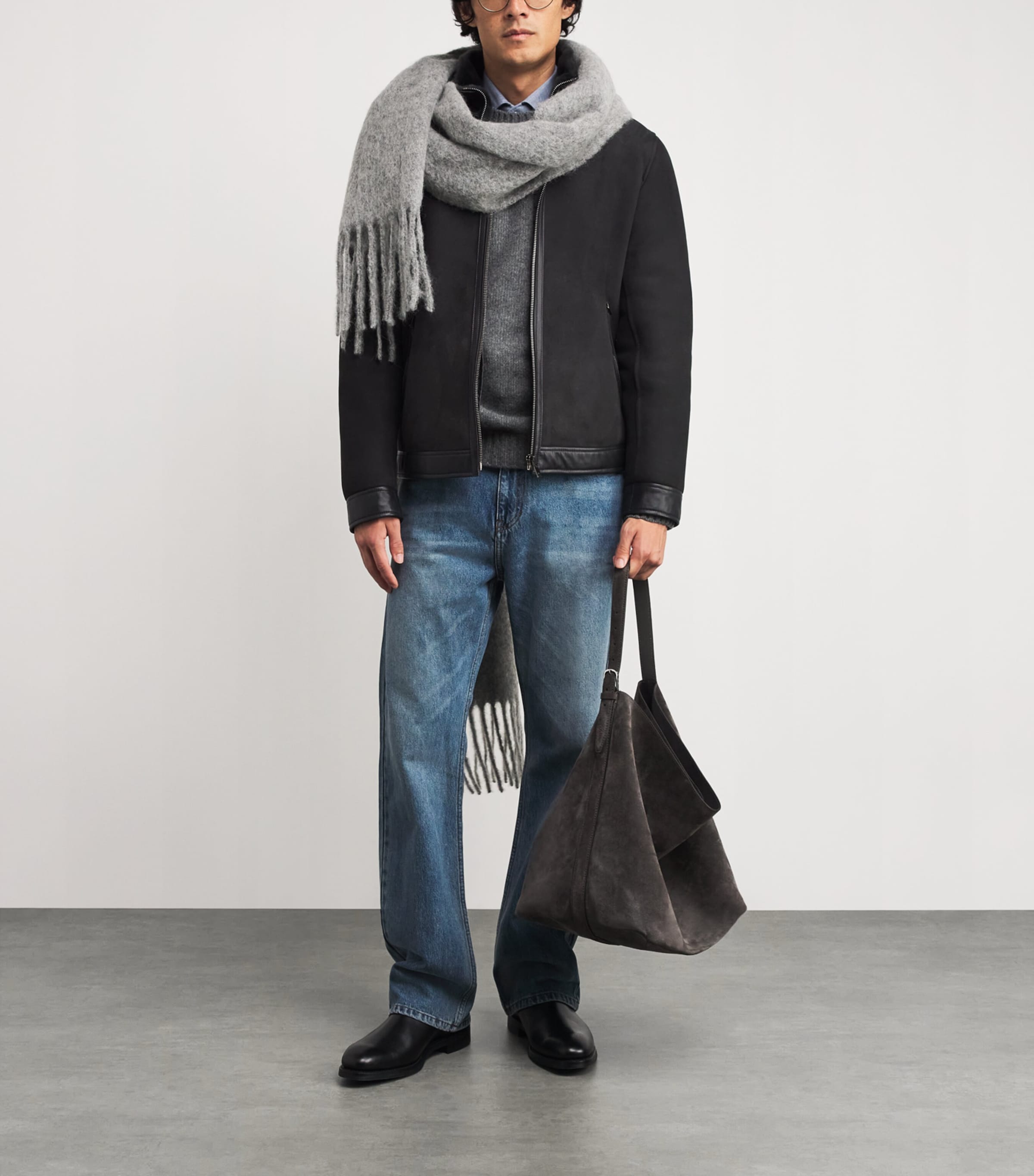 Pal Zileri Grey Suede Shearling Bomber Jacket