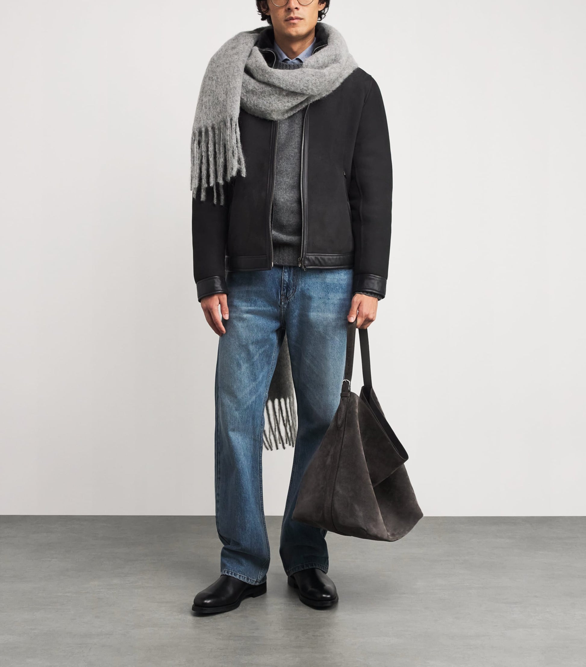 Pal Zileri Grey Suede Shearling Bomber Jacket