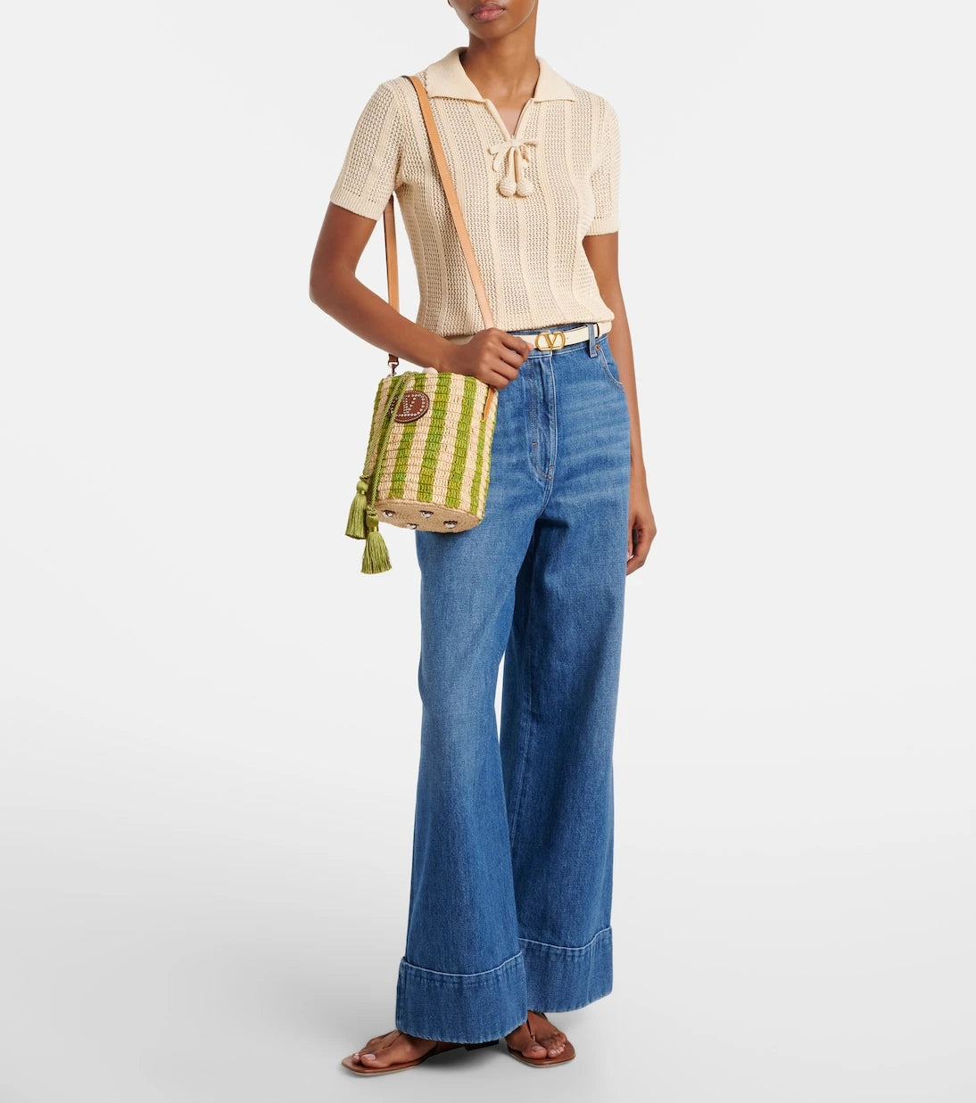 Valentino Garavani - VLogo Mini striped raffia tote bag