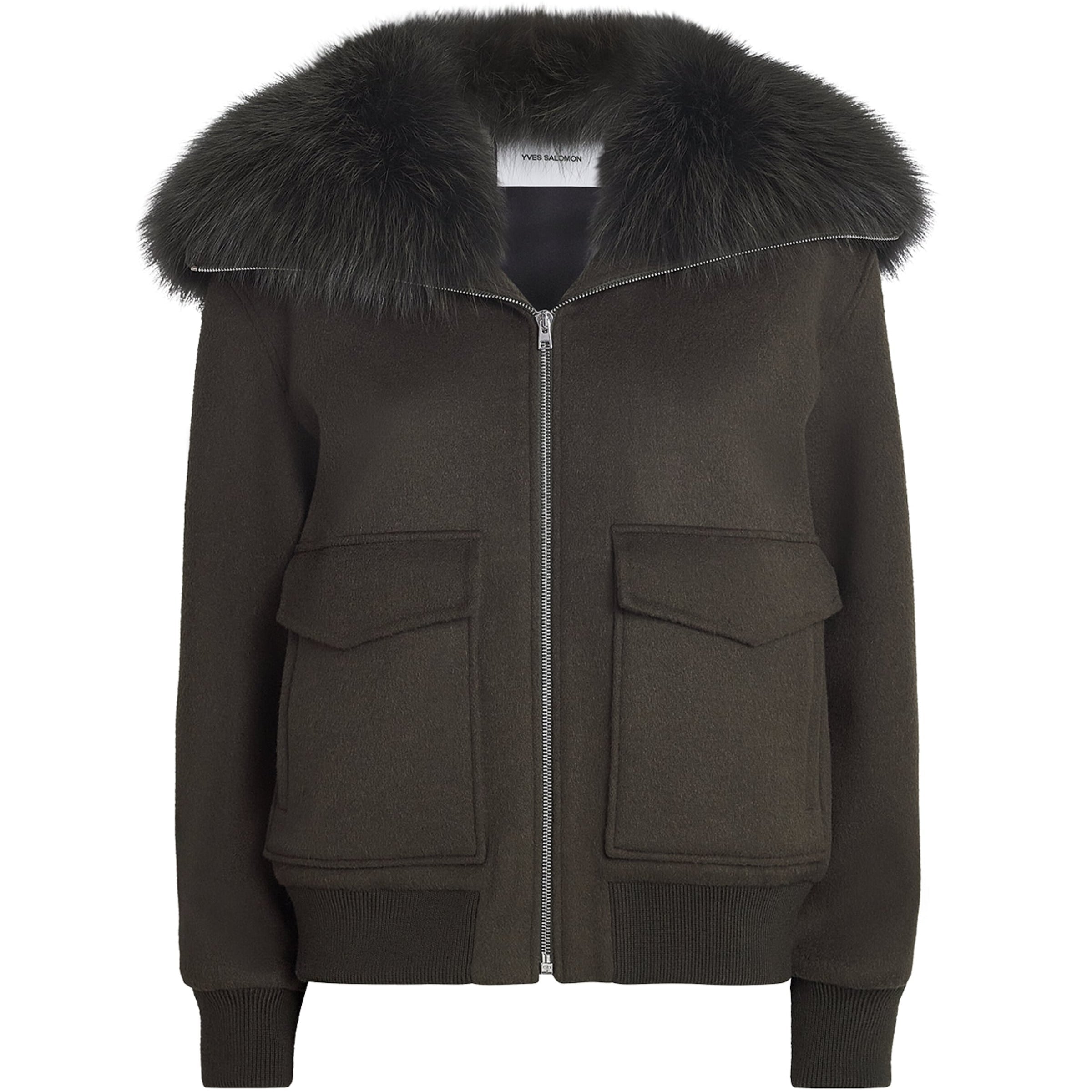 Yves Salomon Beige Wool-Cashmere Fur-Trim Jacket