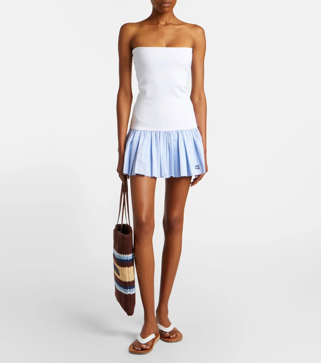 Miu Miu - Gingham jersey and poplin miniskirt