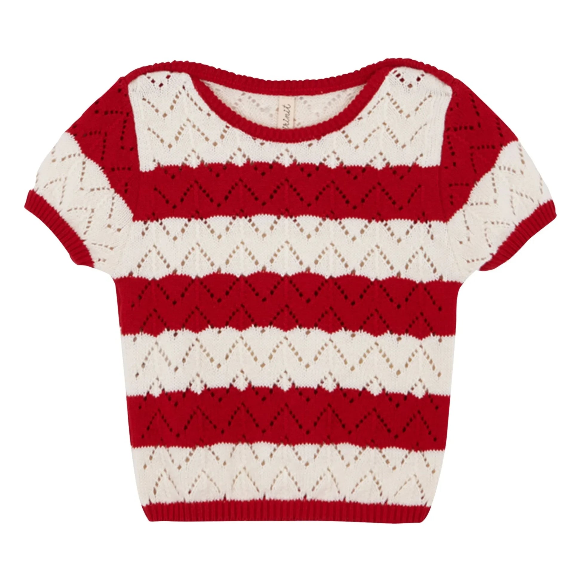 birinit - Pointelle Chili Striped T-shirt | Red