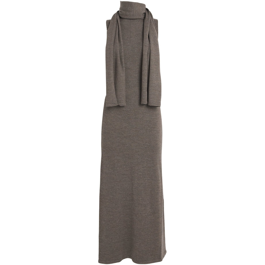STAUD Brown Wool Scarf-Neck Canal Midi Dress