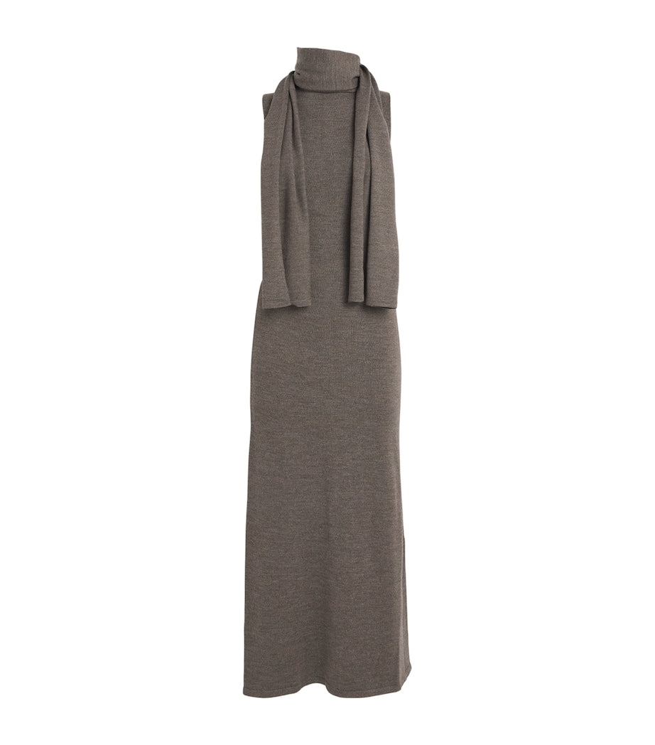 STAUD Brown Wool Scarf-Neck Canal Midi Dress