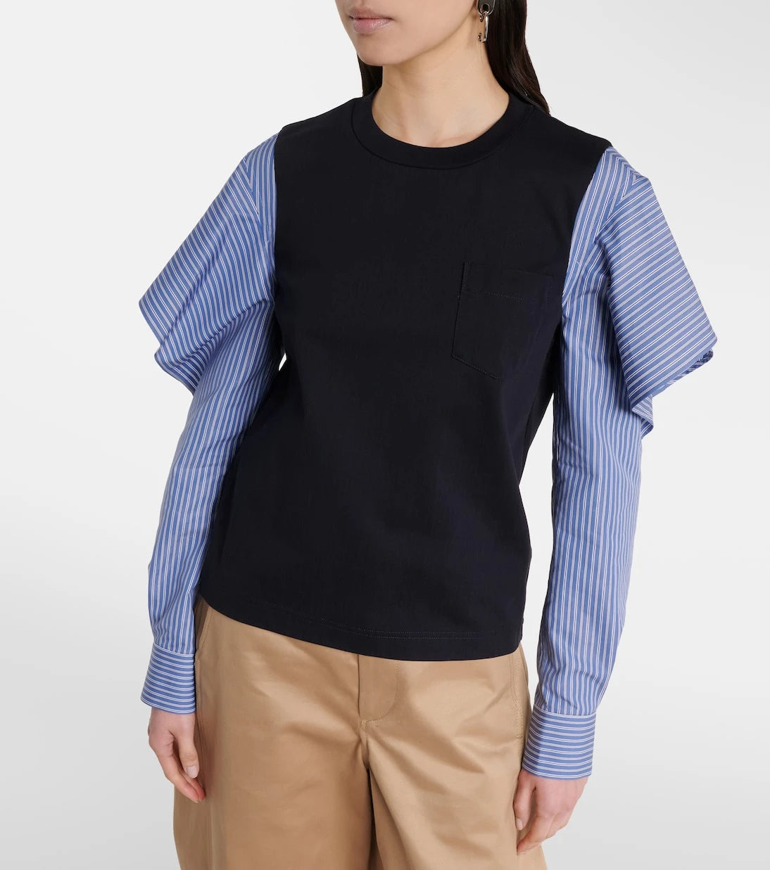 Sacai - قميص من جيرسي و بوبلين القطن مخطط