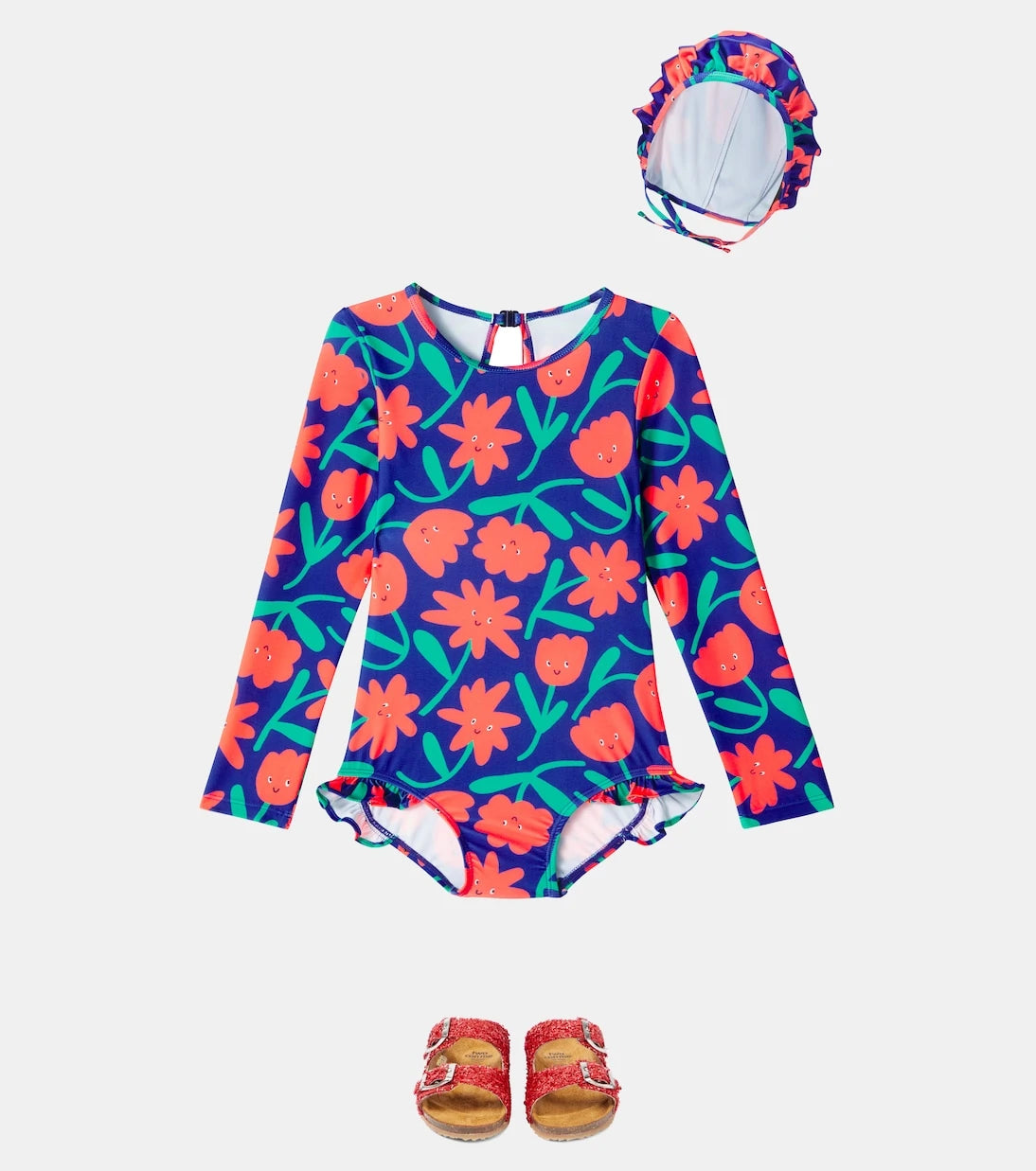 Jellymallow - Floral ruffled swimsuit and cap set