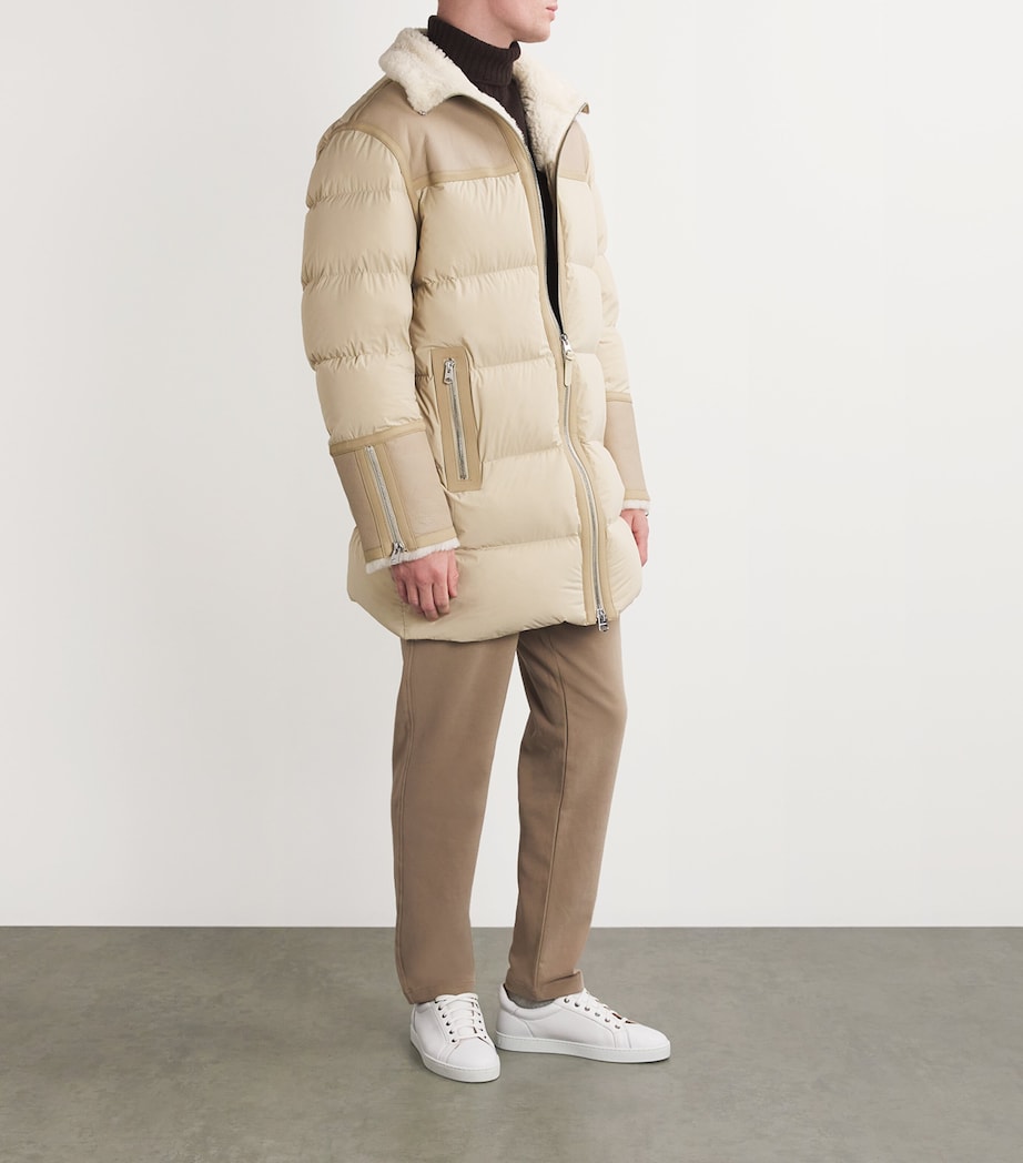 Beige Down Leather-Trim Parka