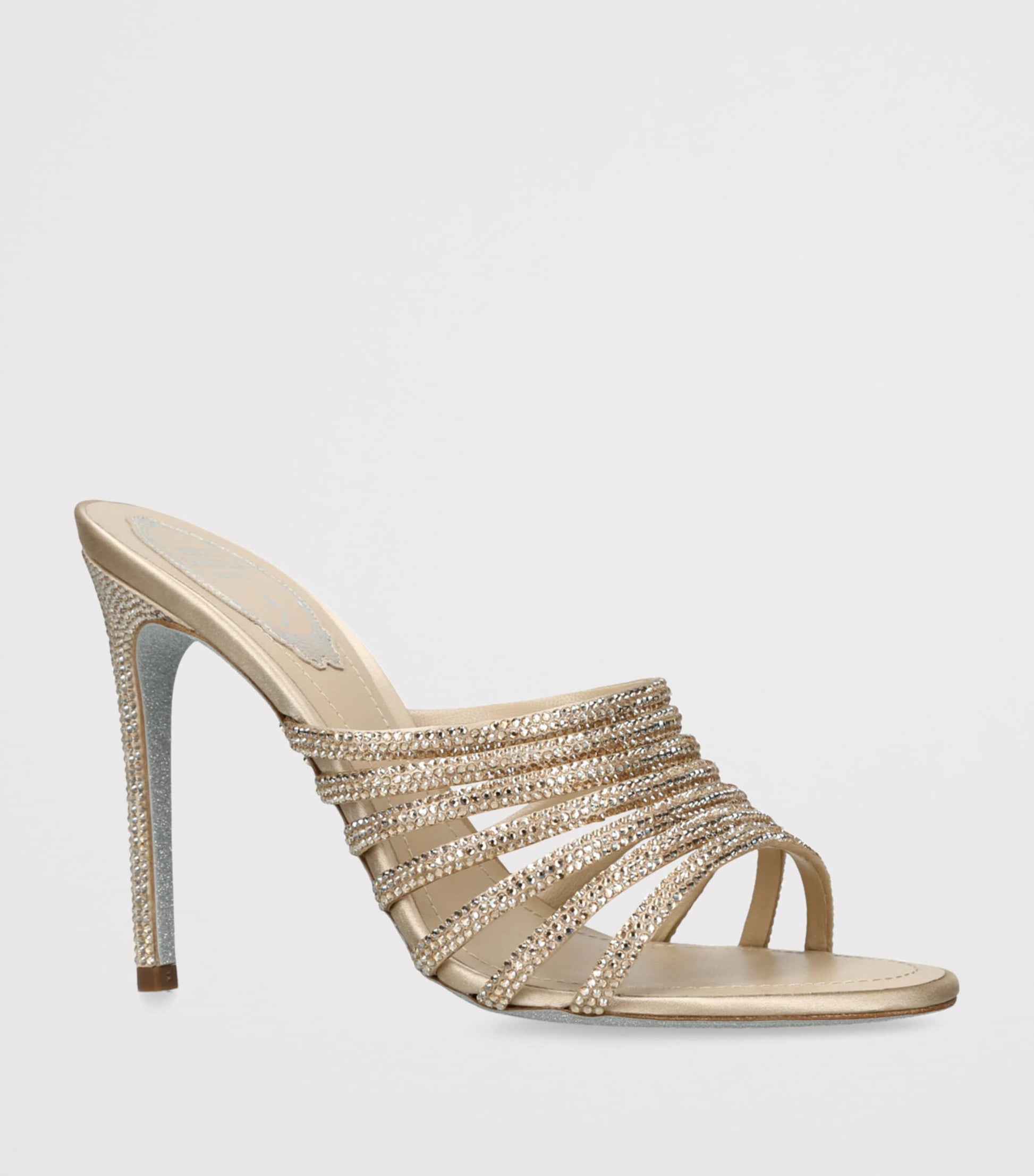 René Caovilla Gold Satin Strappy Heeled Mules 105