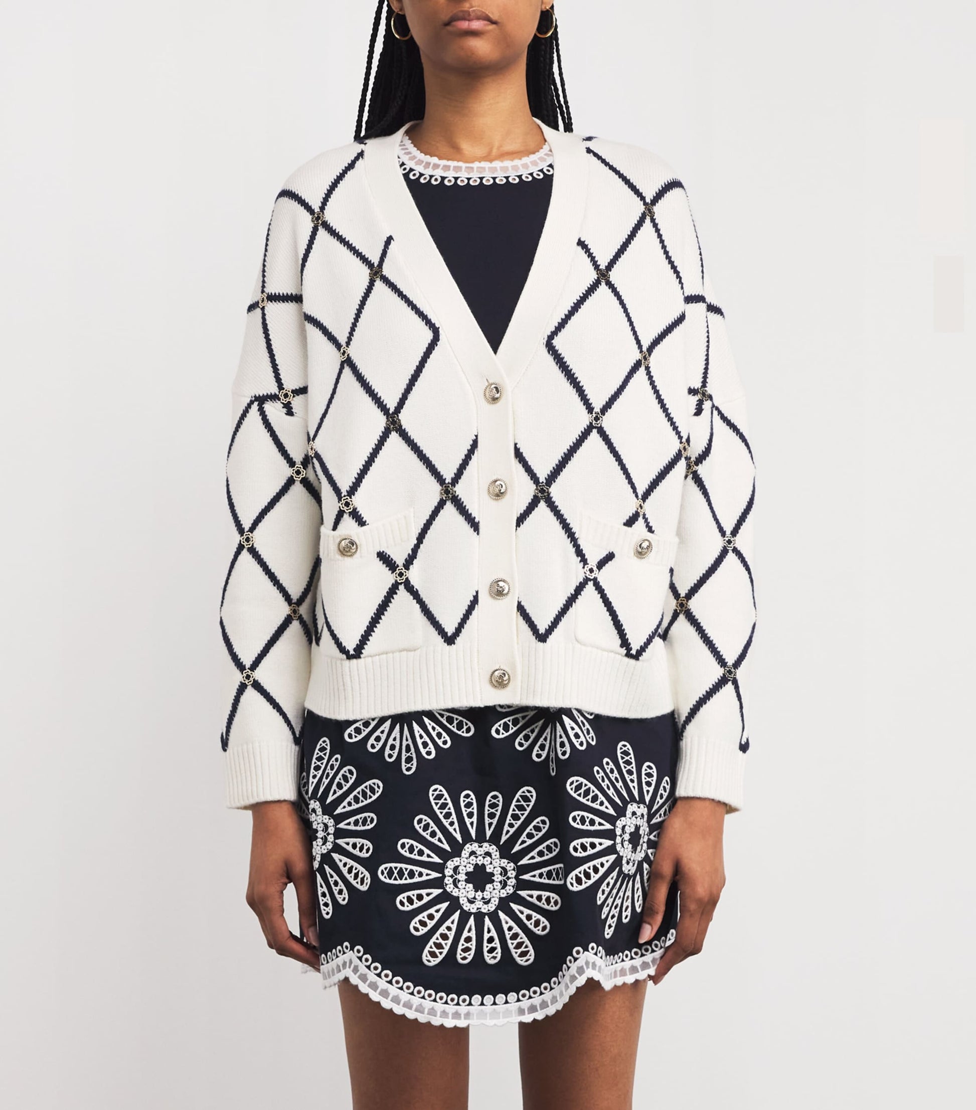 White Wool-Blend Jacquard Cardigan