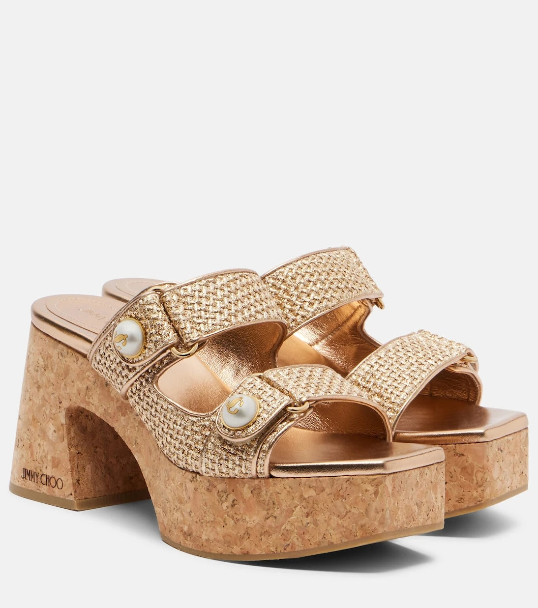Jimmy Choo - صنادل Fayence بنعل سميك وتأثير الرافيا