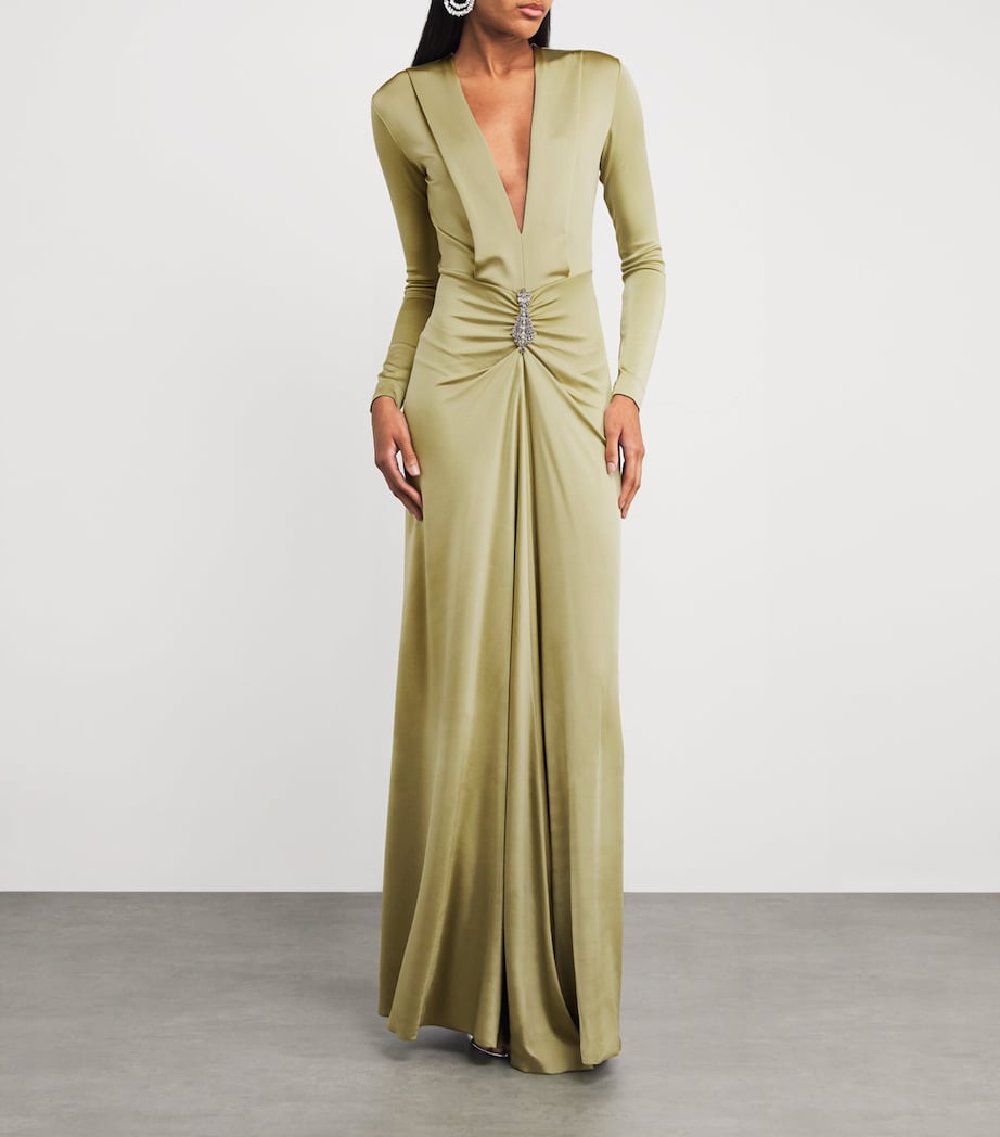 Victoria Beckham Green Long-Sleeve V-Neck Gown
