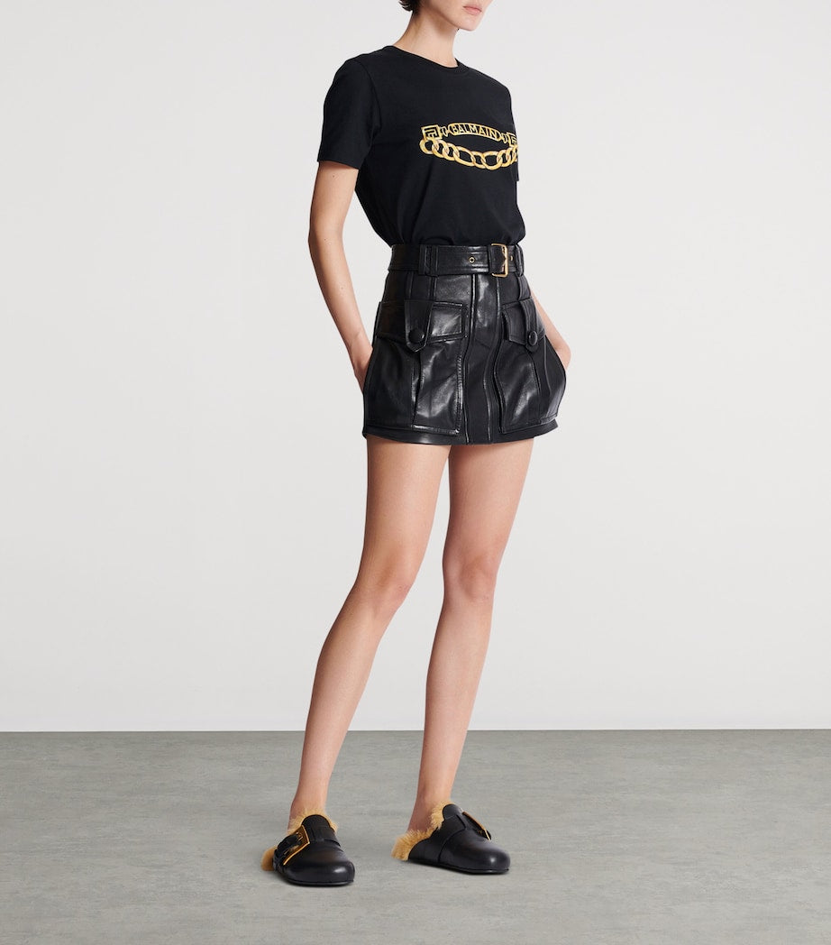 Black Lambskin Belted Mini Skirt