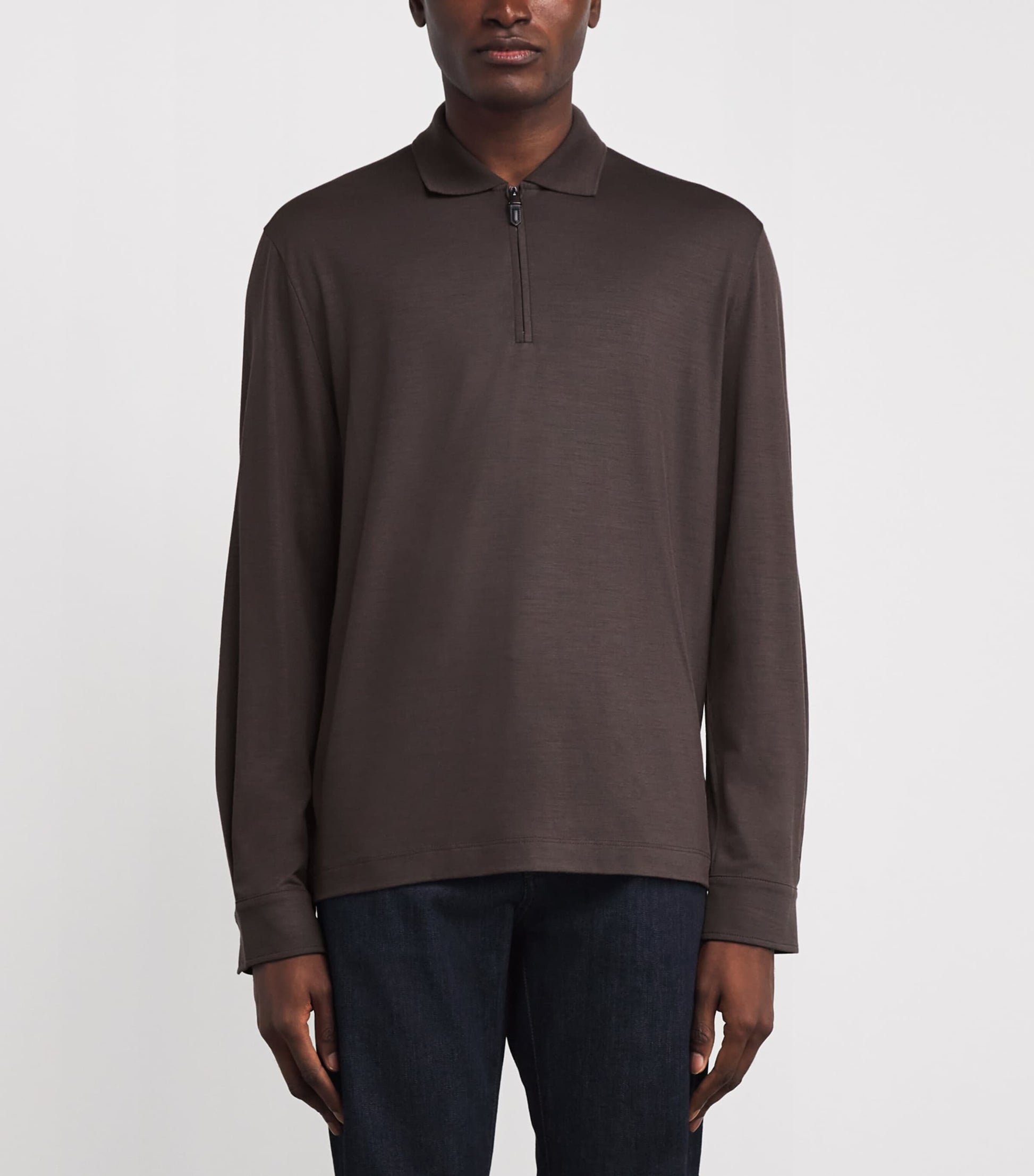 Canali Wool Zip-Up Long-Sleeve Polo Shirt