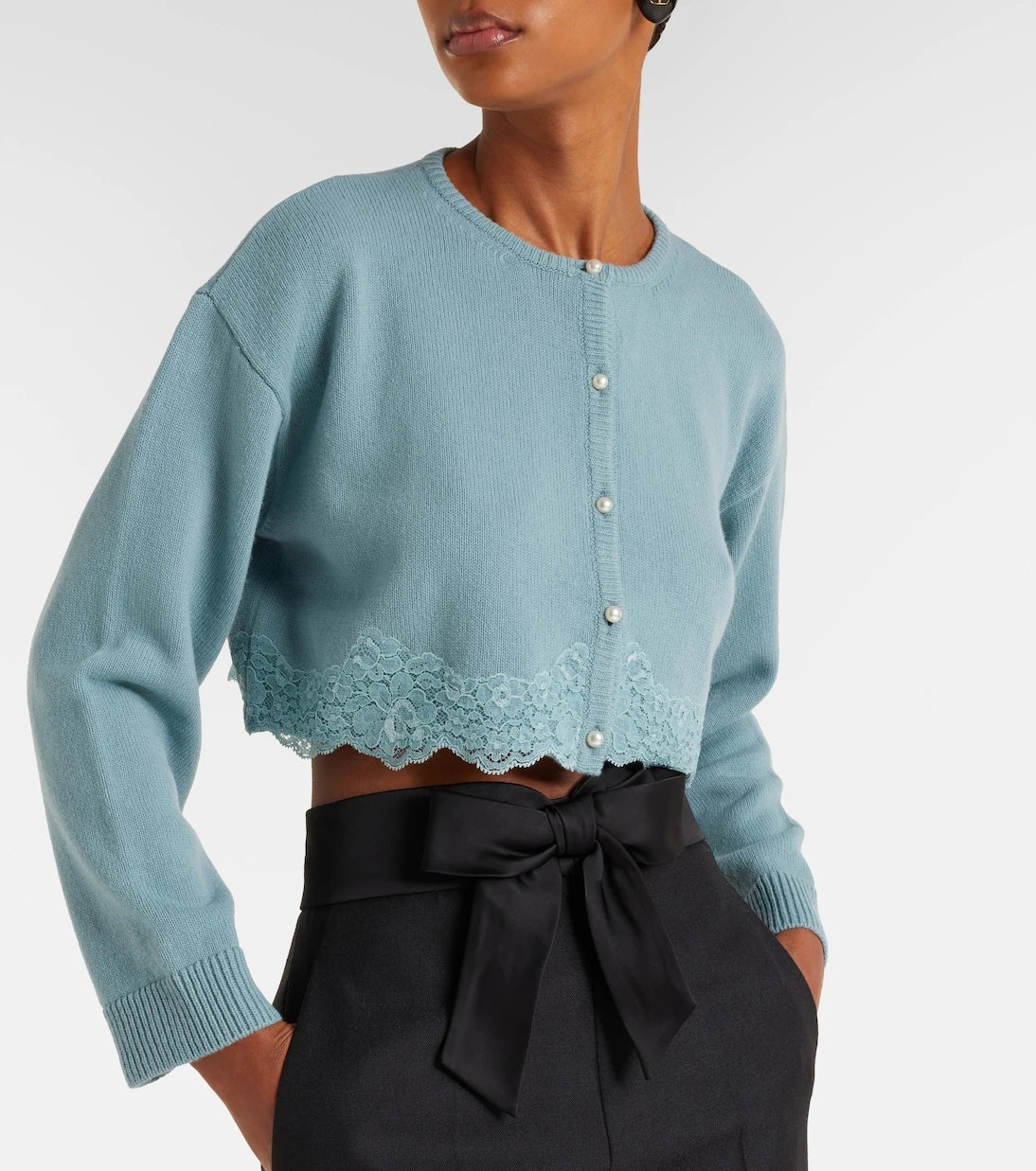 Valentino - Lace-trimmed cropped virgin wool cardigan