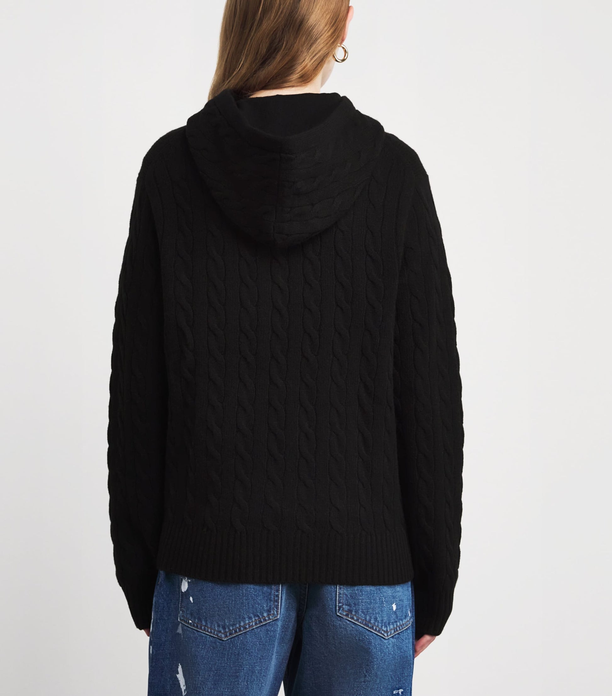 Black Wool-Cashmere Cable-Knit Pink Pony Hoodie