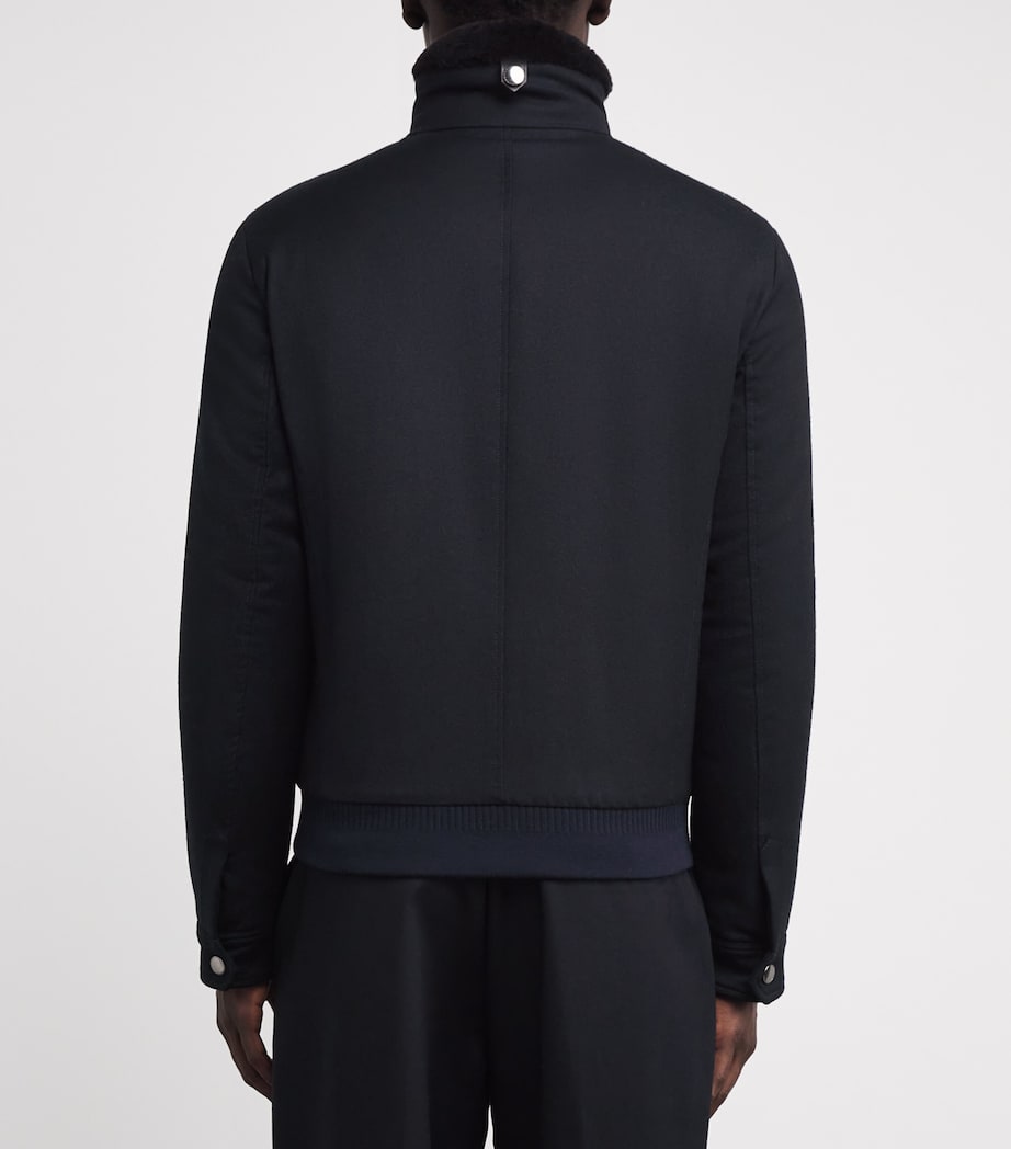 Canali Black Wool-Blend Shearling-Collar Bomber Jacket