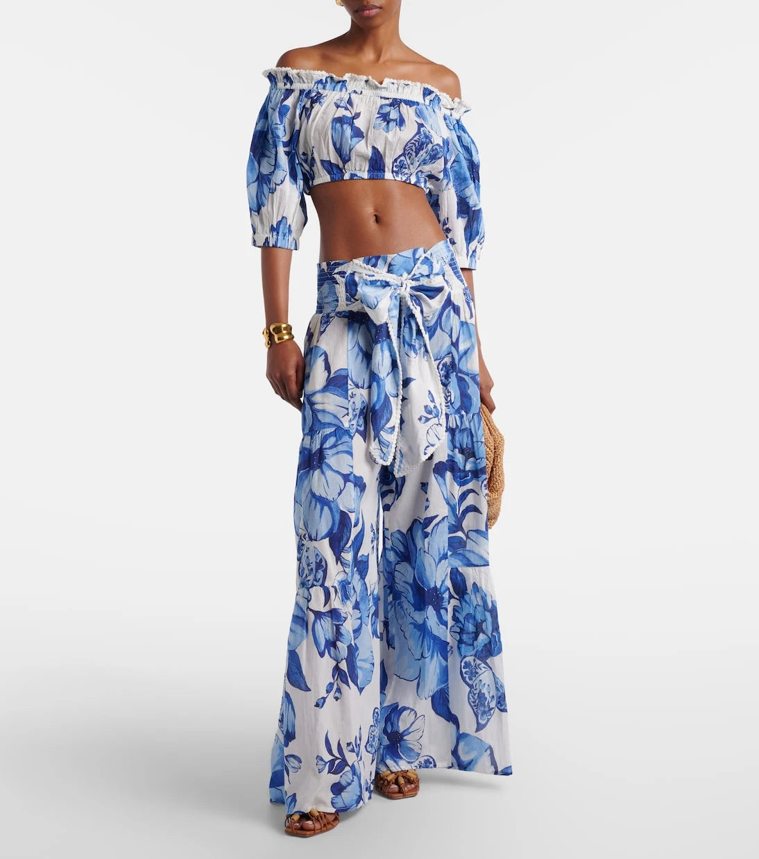 Farm Rio - Floral cropped off-shoulder cotton top