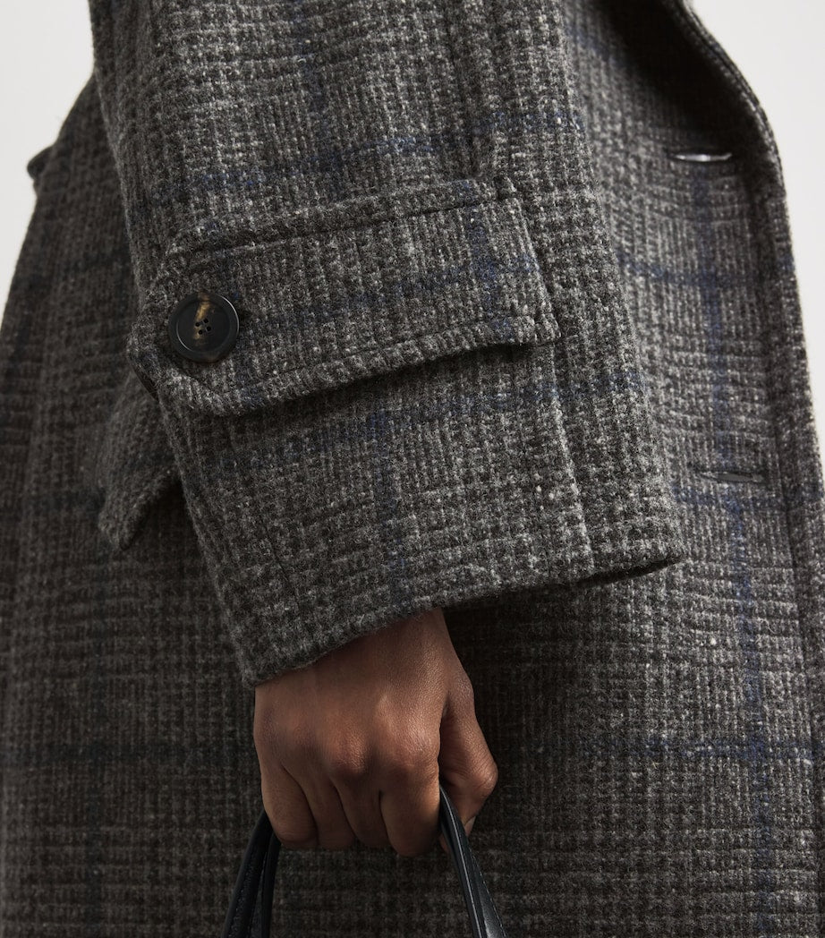 Grey Wool Tweed Prince of Wales Check Overcoat