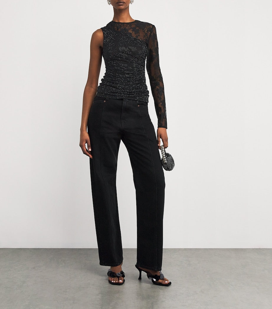 Self-Portrait Black Rhinestone-Lace One-Shoulder Top