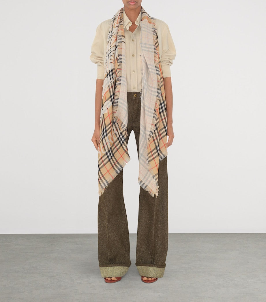Burberry Beige Wool Wide EKD Check Scarf