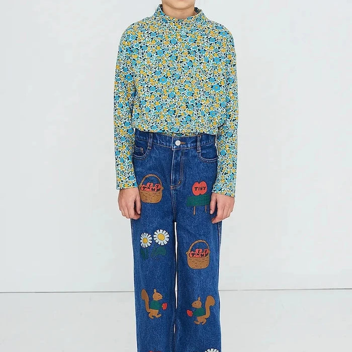 Çocuklar için pamuk ve elastan uzun kollu bluz FLOWER PATTERN RIB MOCKNECK
