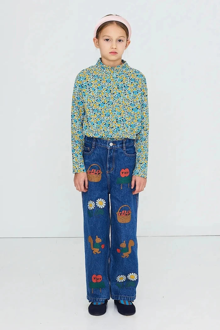 Çocuklar için pamuk ve elastan uzun kollu bluz FLOWER PATTERN RIB MOCKNECK