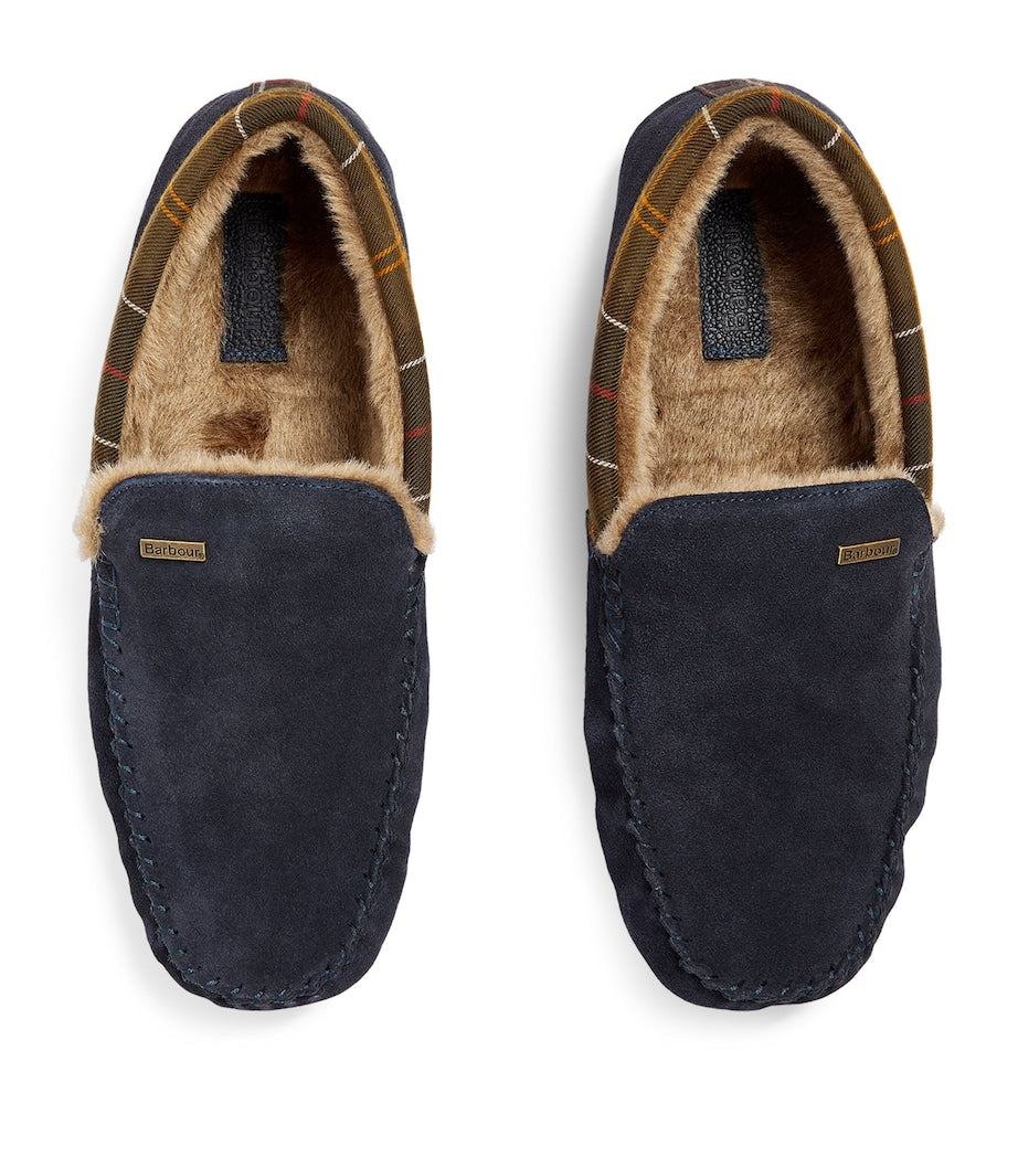 Suede Tartan-Trim Monty Slippers