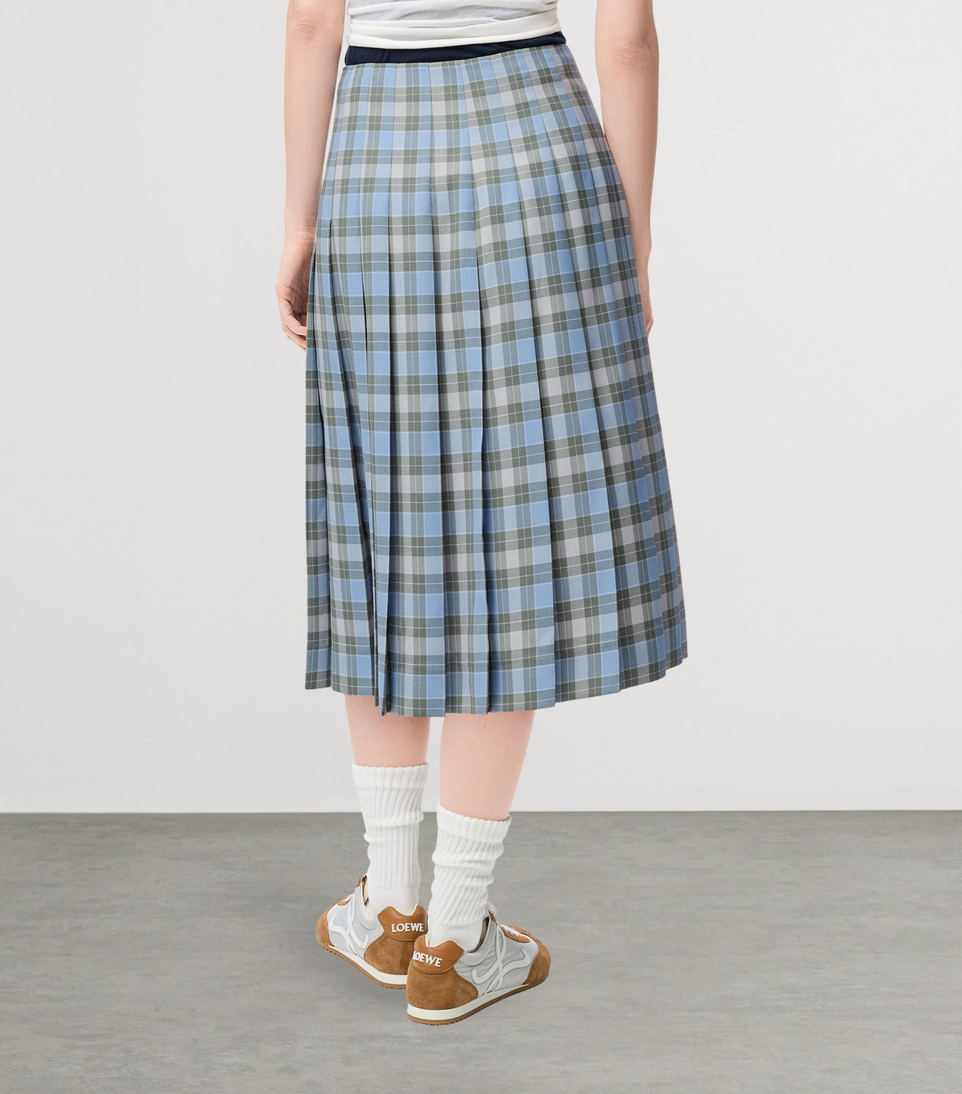 Blue Check Pleated Midi Skirt