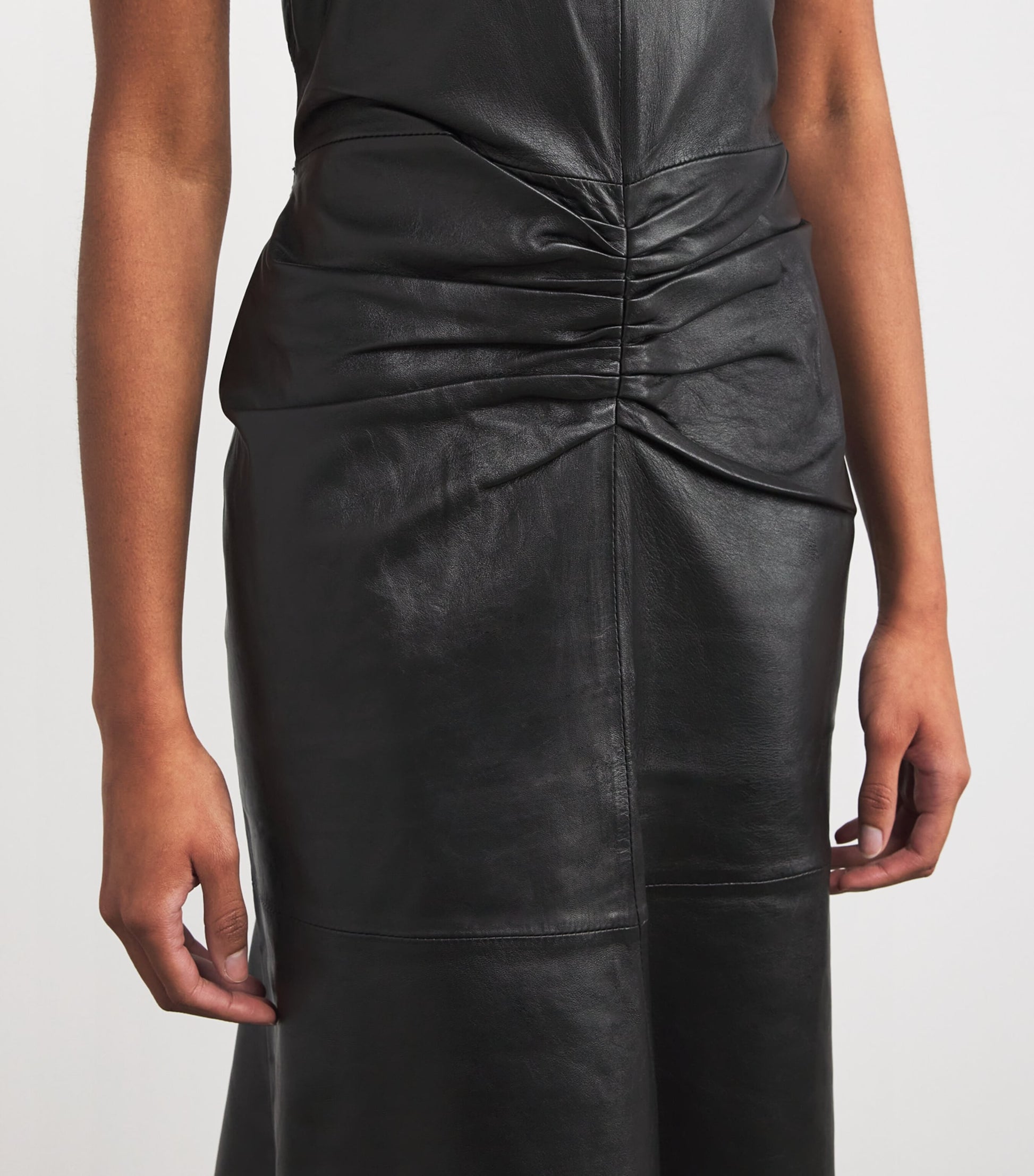 Leather Gathered Waist Midi Dress