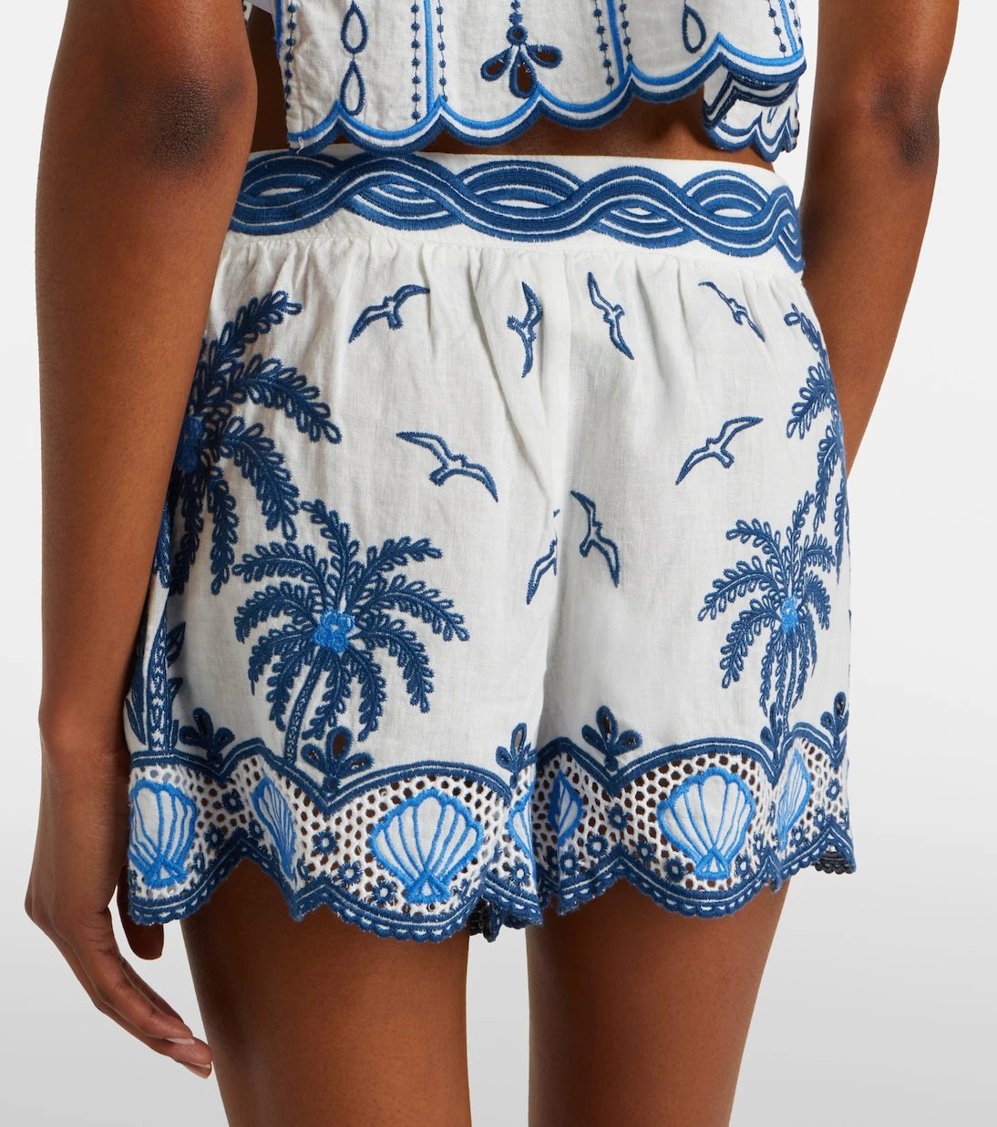 Farm Rio - Coast Star embroidered linen-blend shorts