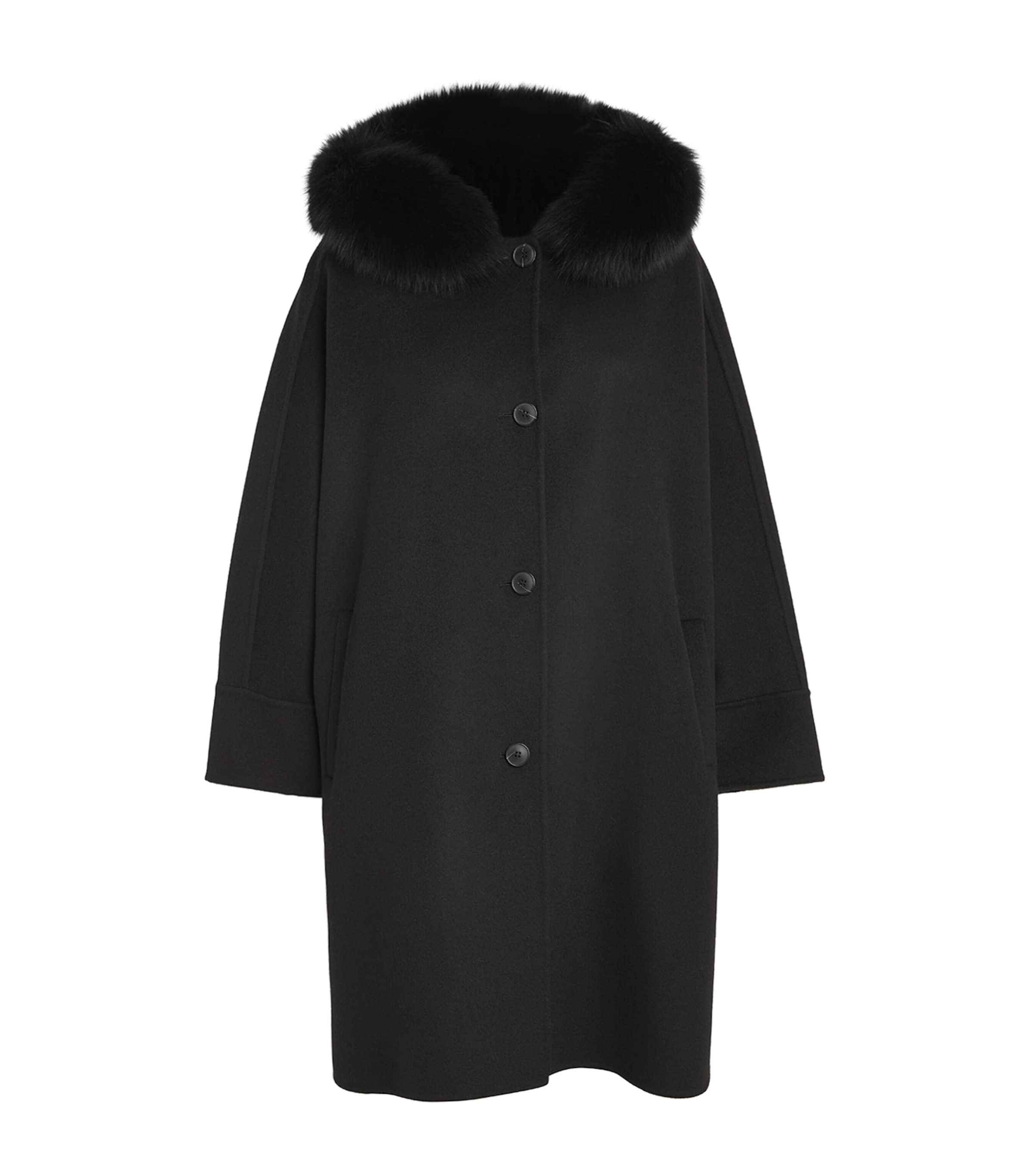 Wool-Cashmere Fox-Trim Cape Coat