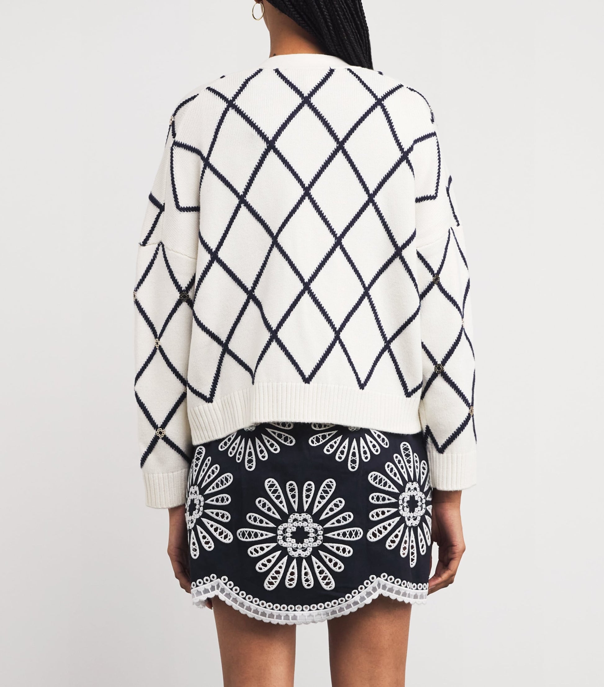 White Wool-Blend Jacquard Cardigan