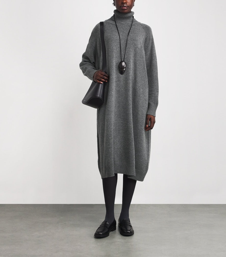 Eskandar Grey Cashmere Wide Rollneck Sweater Dress