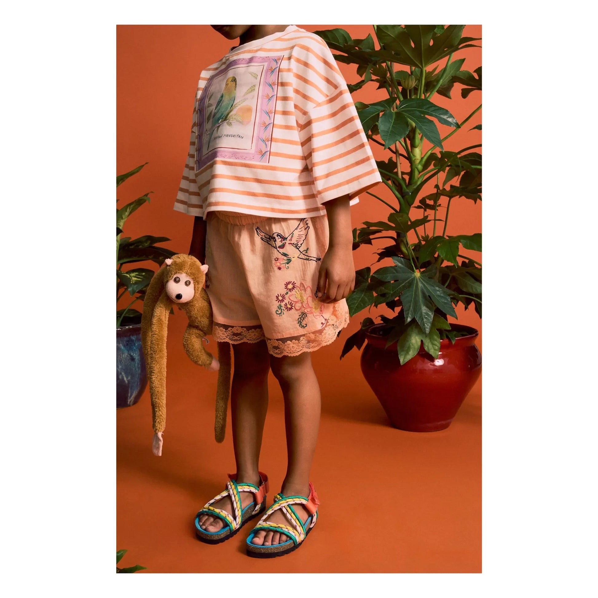 Maison Mangostan - Bird embroidered shorts | Orange