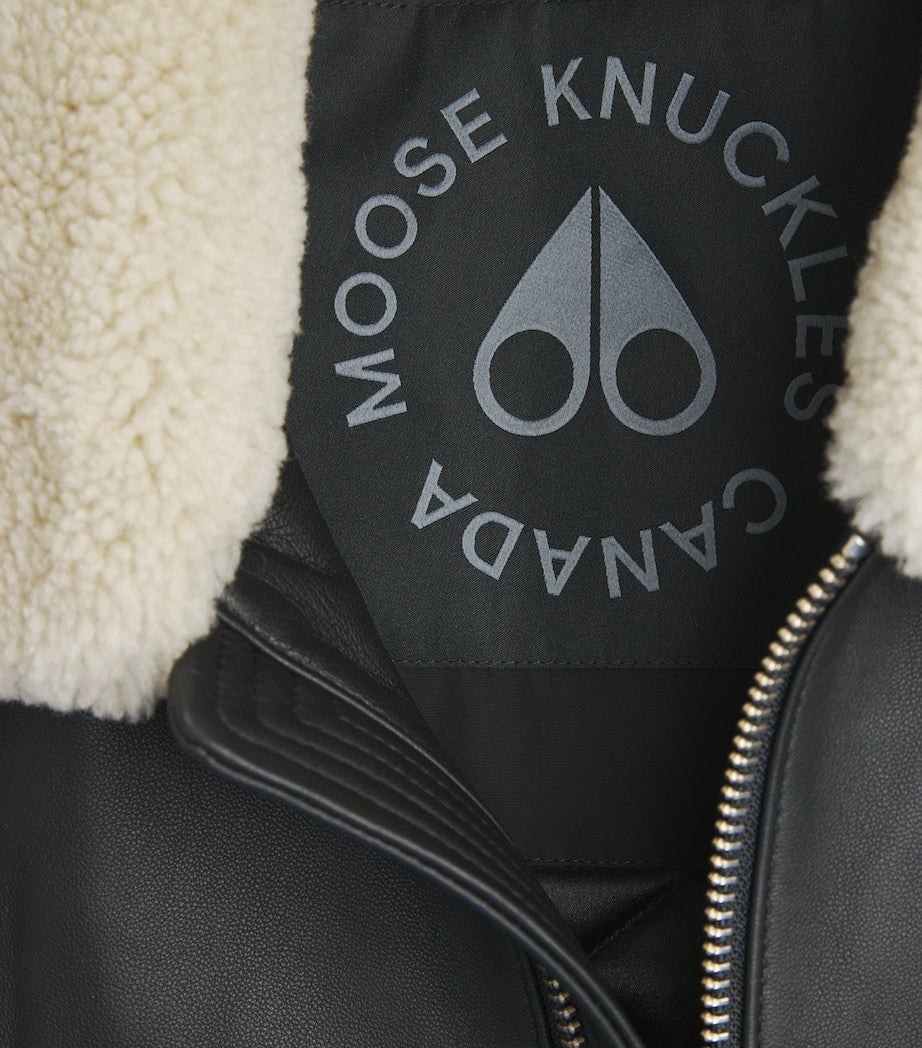 Moose Knuckles Black Shearling-Trim Leather Bomber Jacket