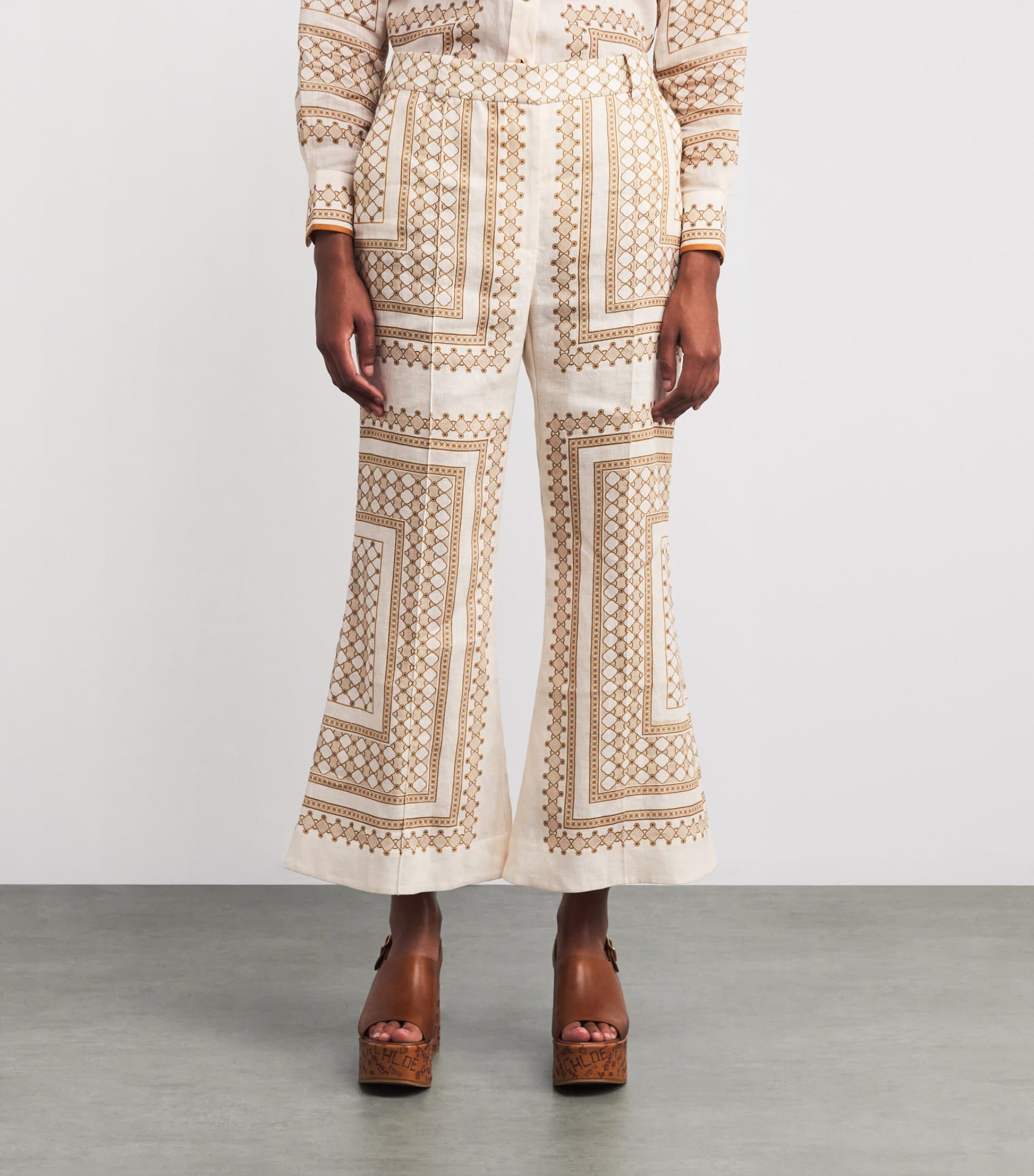 Zimmermann Nude Linen Geometric Crop Wide-Leg Trousers