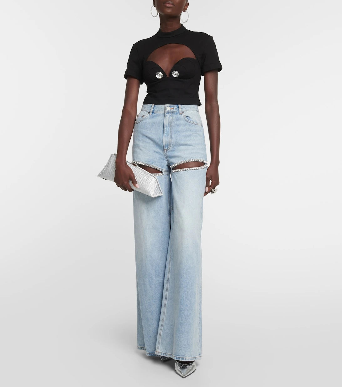 Area - Cutout embellished high-rise wide-leg jeans