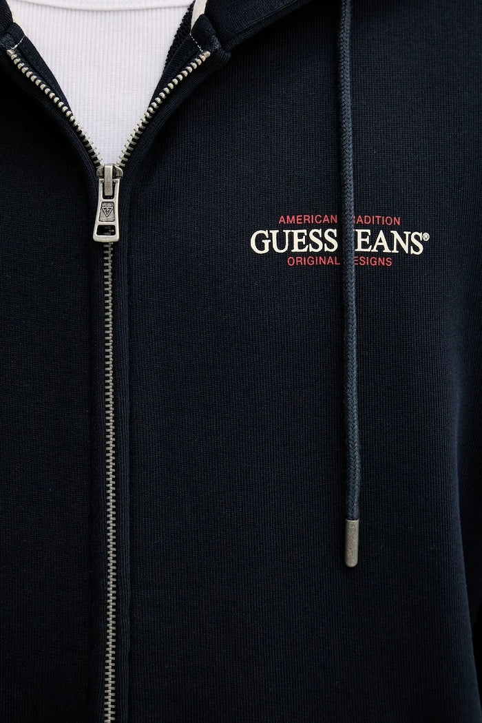Guess Jeans pamuklu fermuarlı kapüşonlu erkek sweatshirt